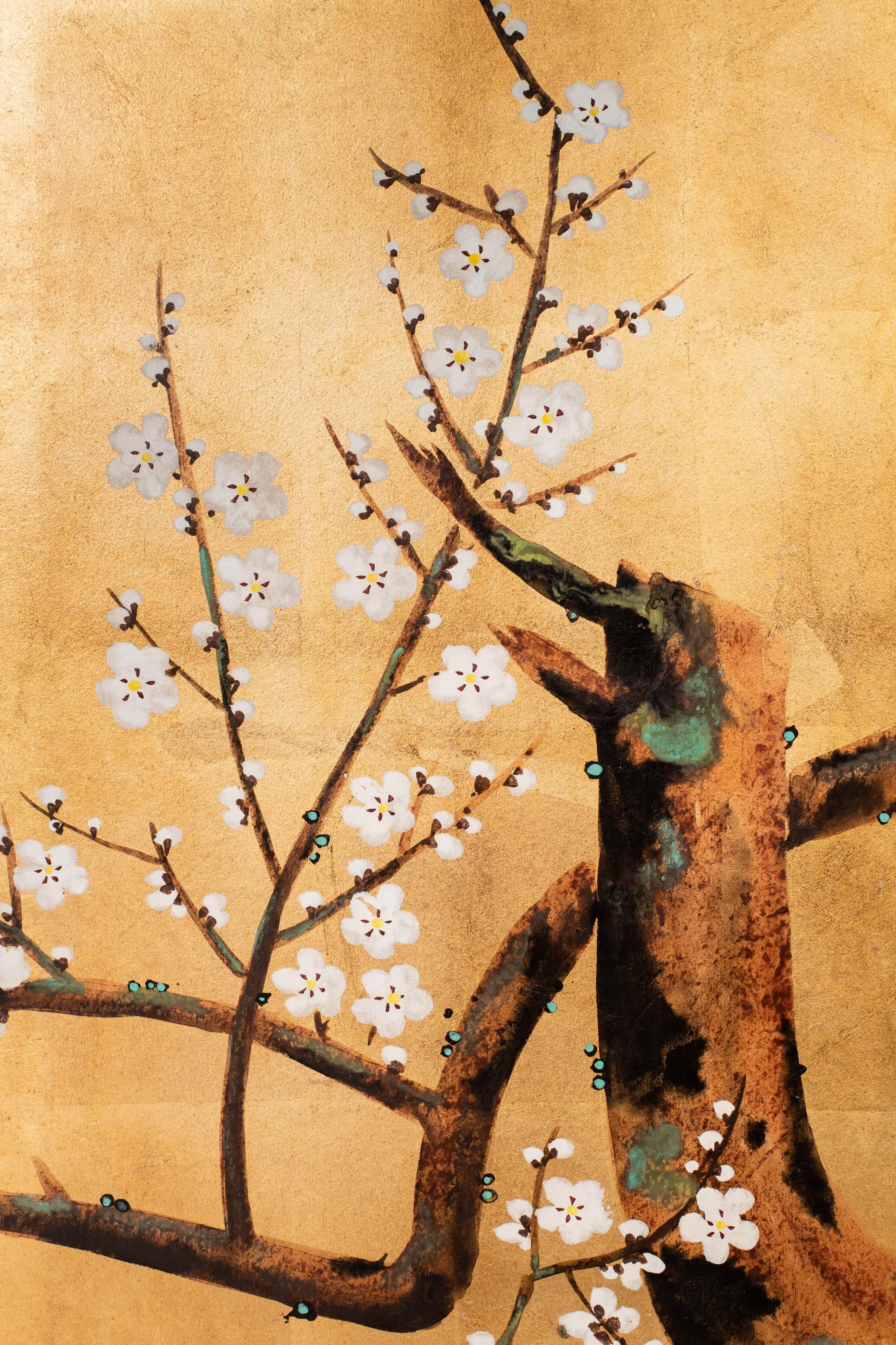 Contemporary Hand-Painted Japanese Screen of Red and White Plum Blossom 1