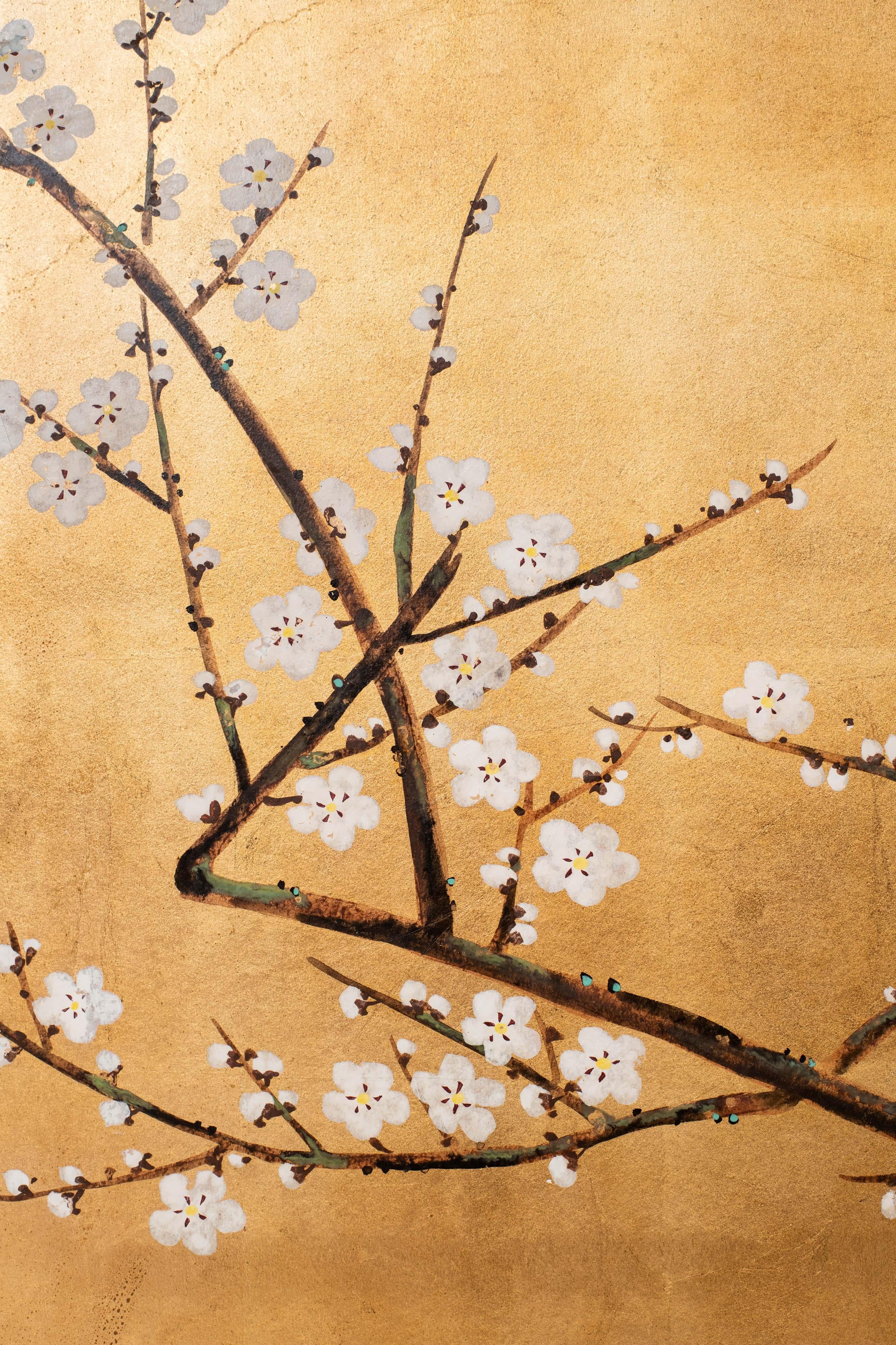 Contemporary Hand-Painted Japanese Screen of Red and White Plum Blossom 2
