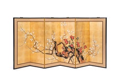 Contemporary Hand-Painted Japanese Screen of Red and White Plum Blossom