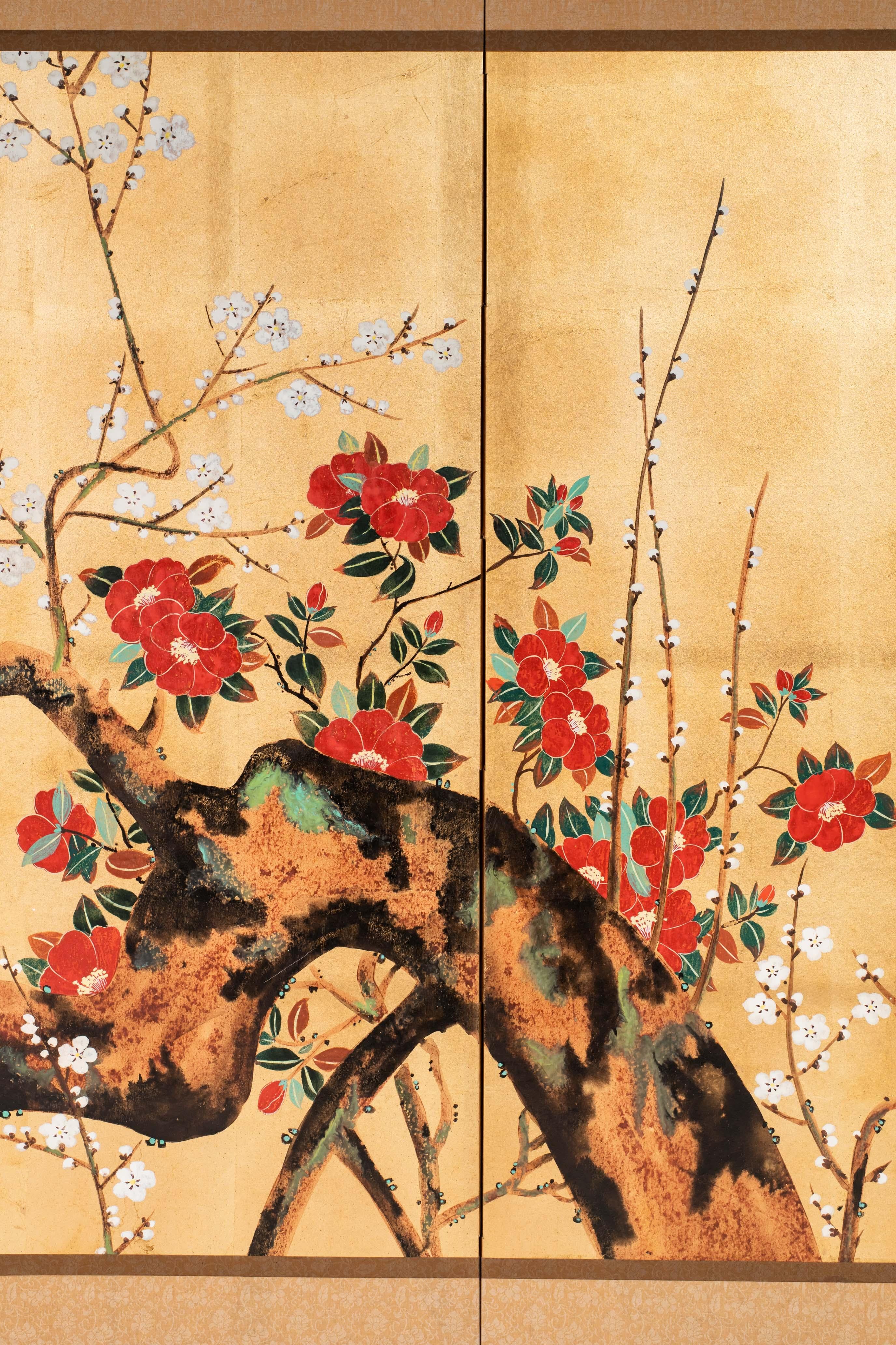 Chinese Contemporary Hand-Painted Japanese Screen of Red and White Plum Blossom
