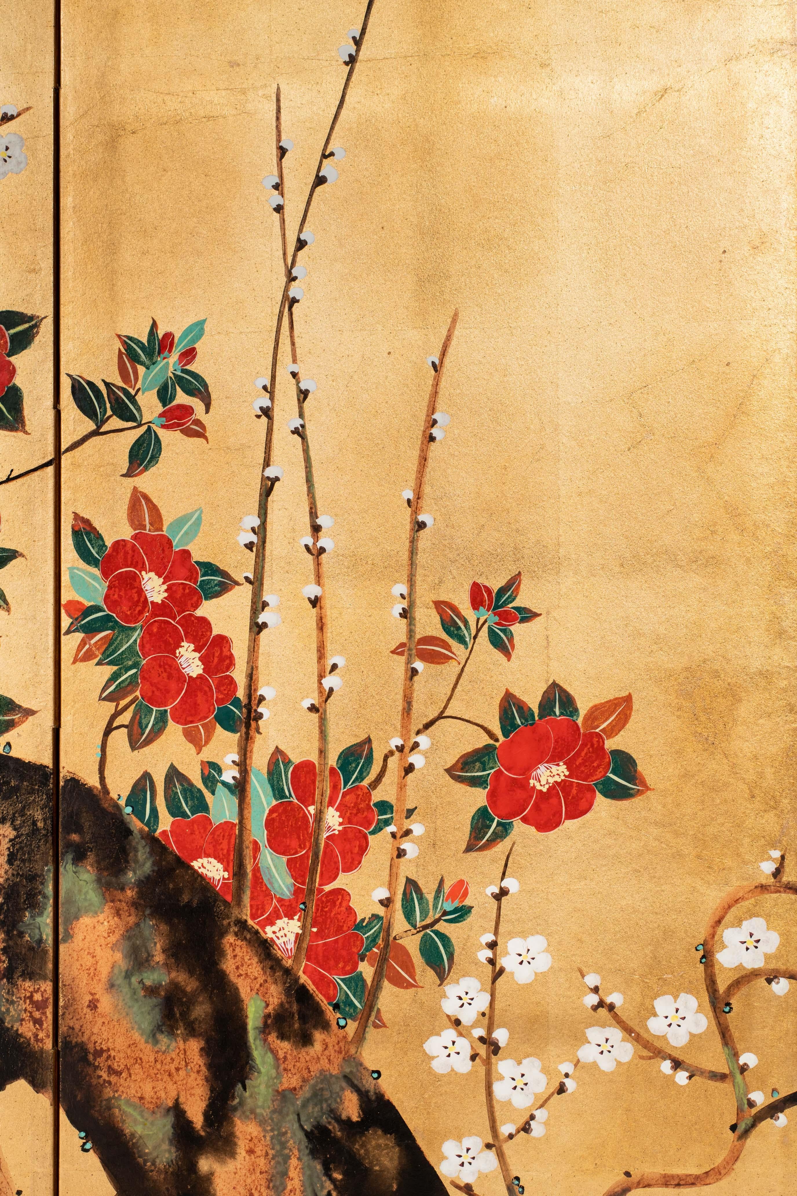 Hand-Crafted Contemporary Hand-Painted Japanese Screen of Red and White Plum Blossom