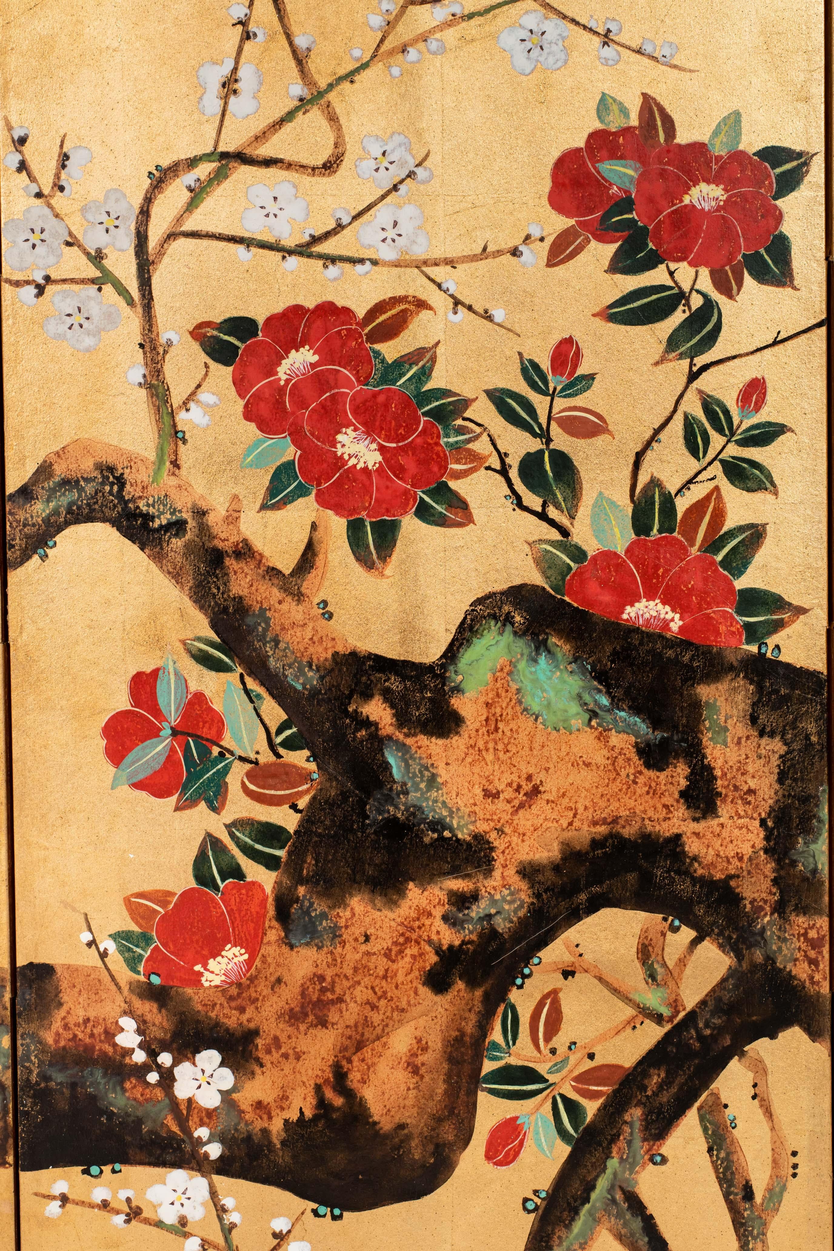Gold Leaf Contemporary Hand-Painted Japanese Screen of Red and White Plum Blossom