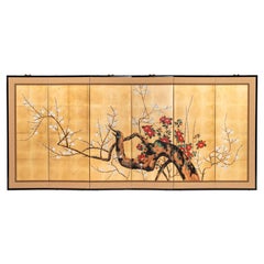 Contemporary Hand-Painted Japanese Screen of Red and White Plum Blossom