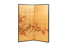 Contemporary Hand-Painted Japanese Screen of Red Plum Blossom and Birds