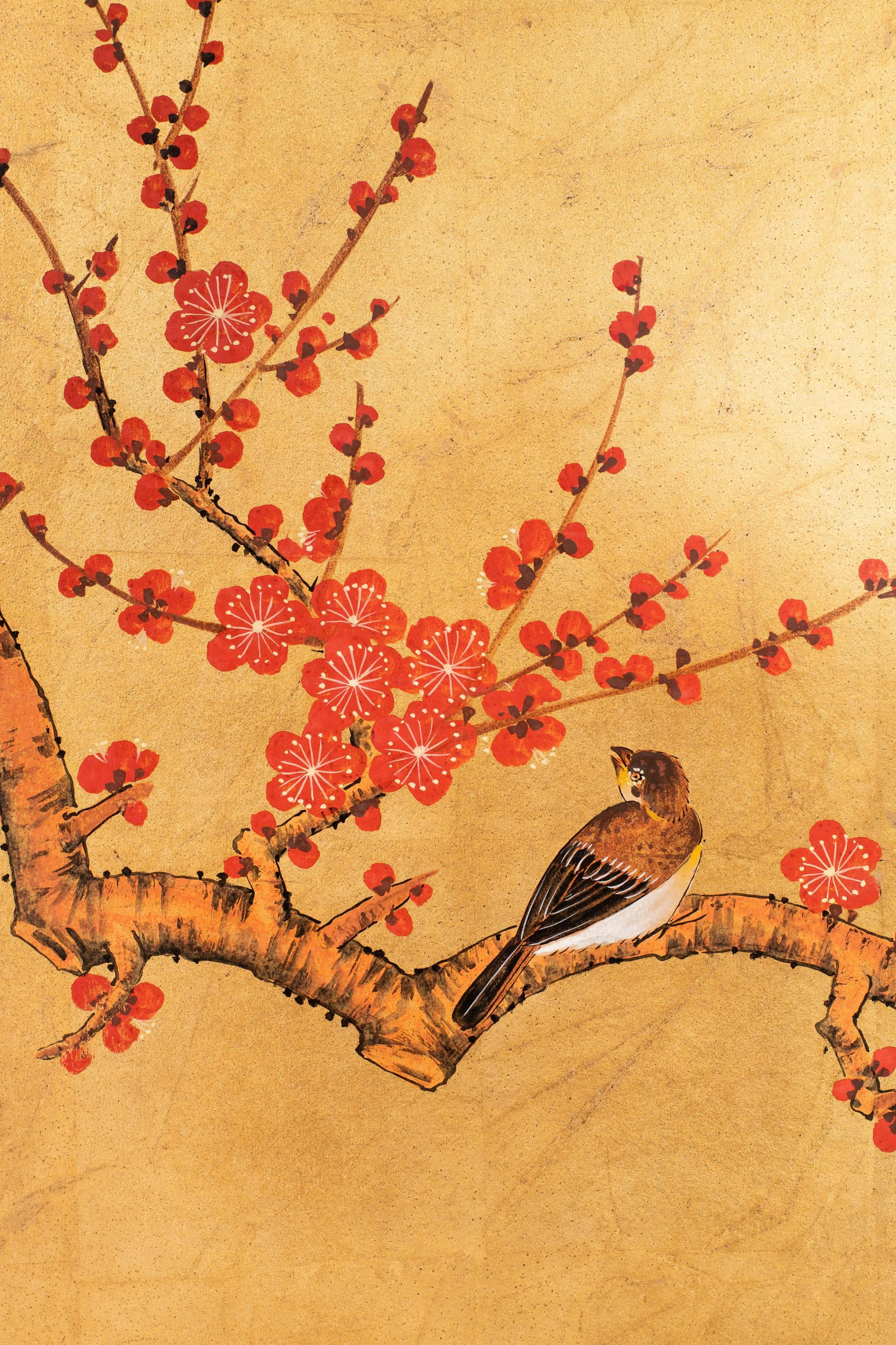 Hand-Crafted Contemporary Hand-Painted Japanese Screen of Red Plum Blossom and Birds For Sale