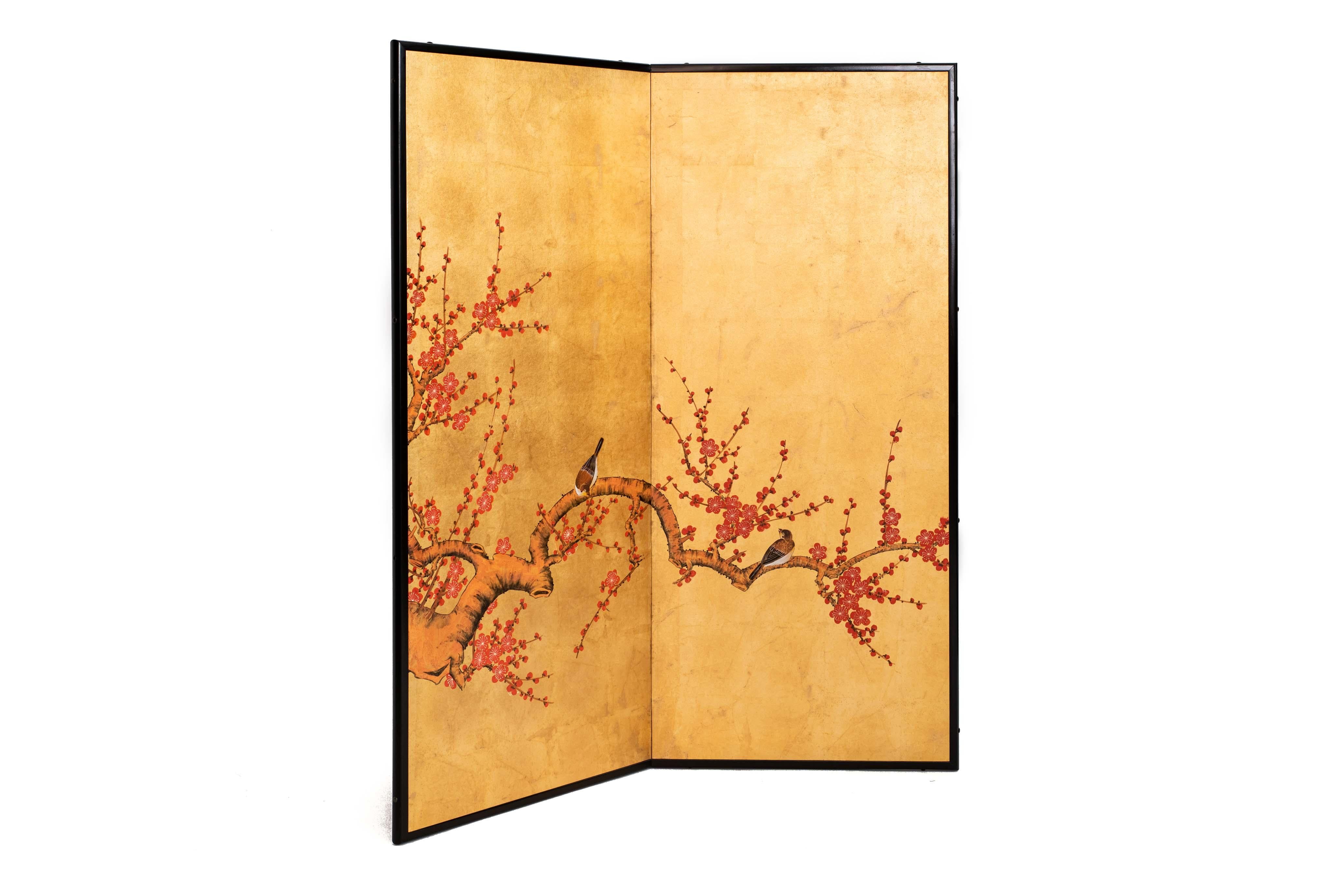 Contemporary Hand-Painted Japanese Screen of Red Plum Blossom and Birds 1