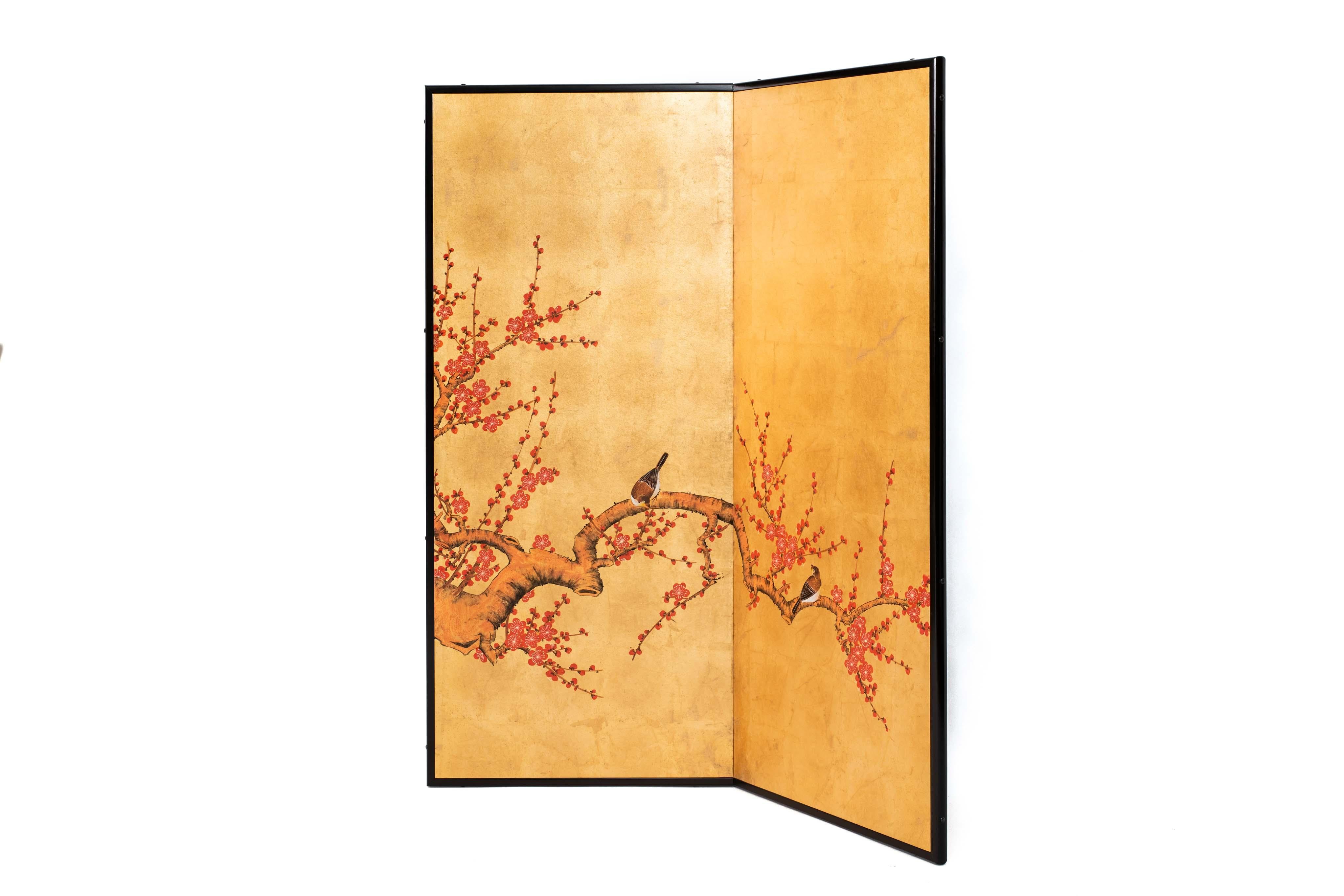 Gold Leaf Contemporary Hand-Painted Japanese Screen of Red Plum Blossom and Birds