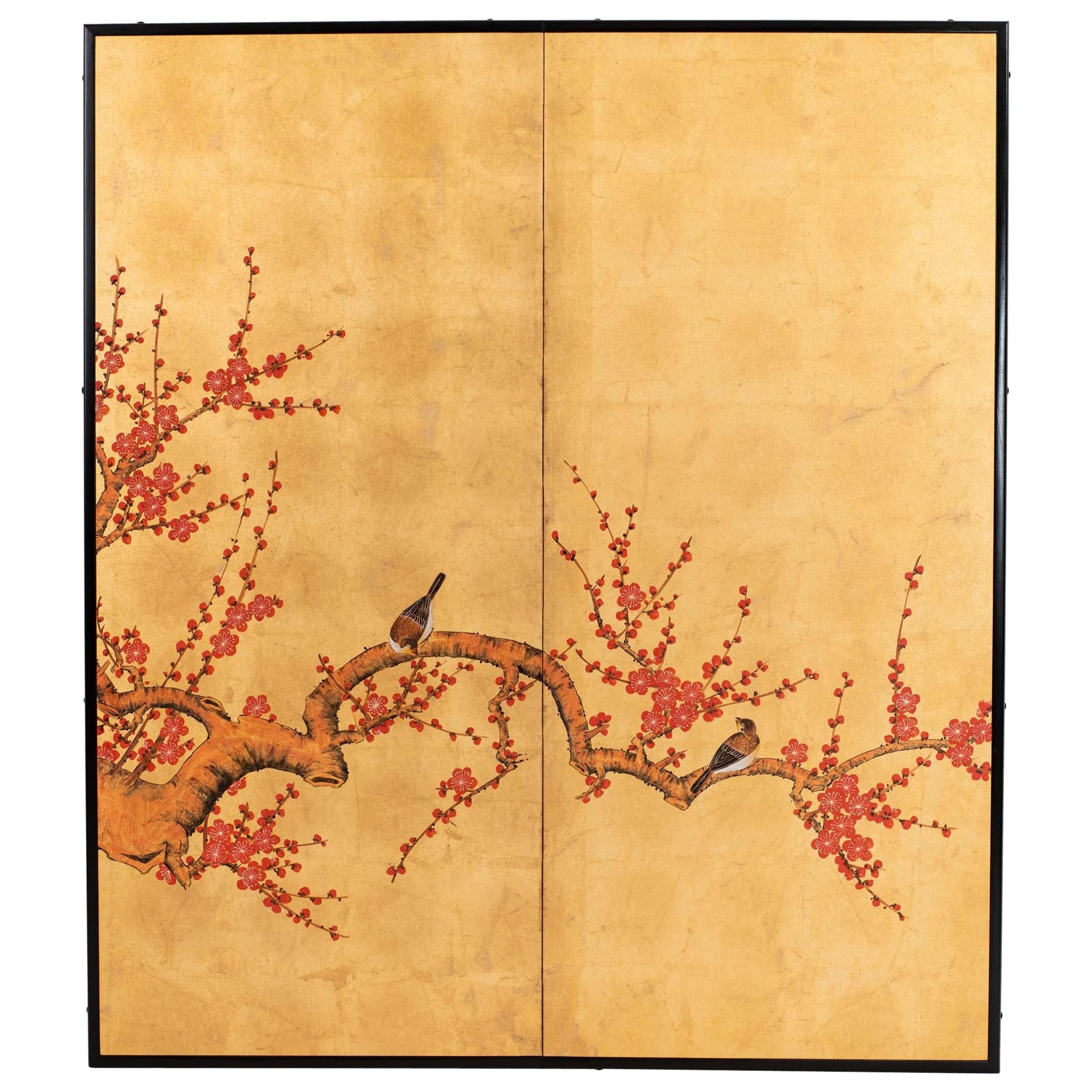 Contemporary Hand-Painted Japanese Screen of Red Plum Blossom and Birds For Sale