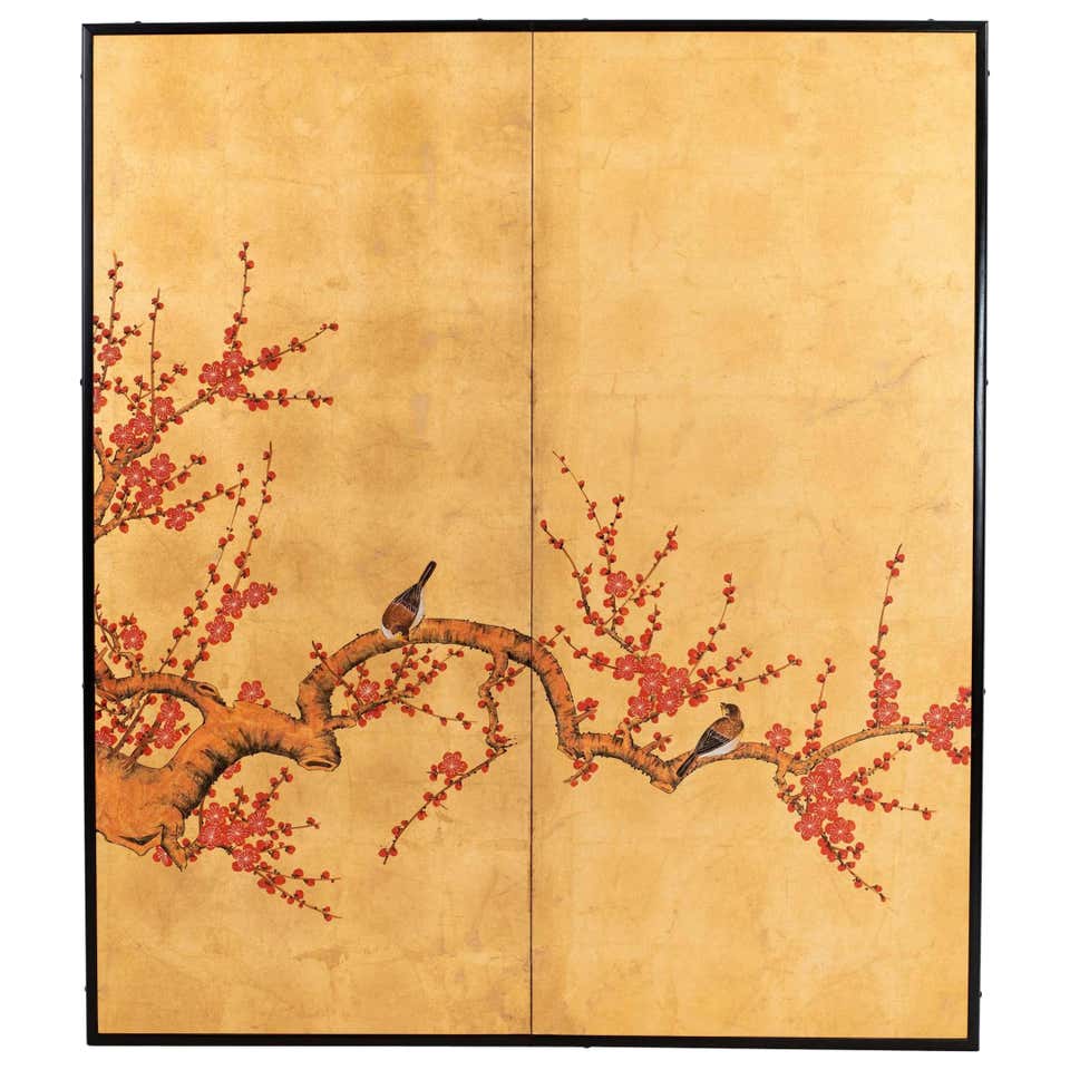 Japan Old Pair of Birds and Flowers Silk Scrolls, Hand-Painted and ...