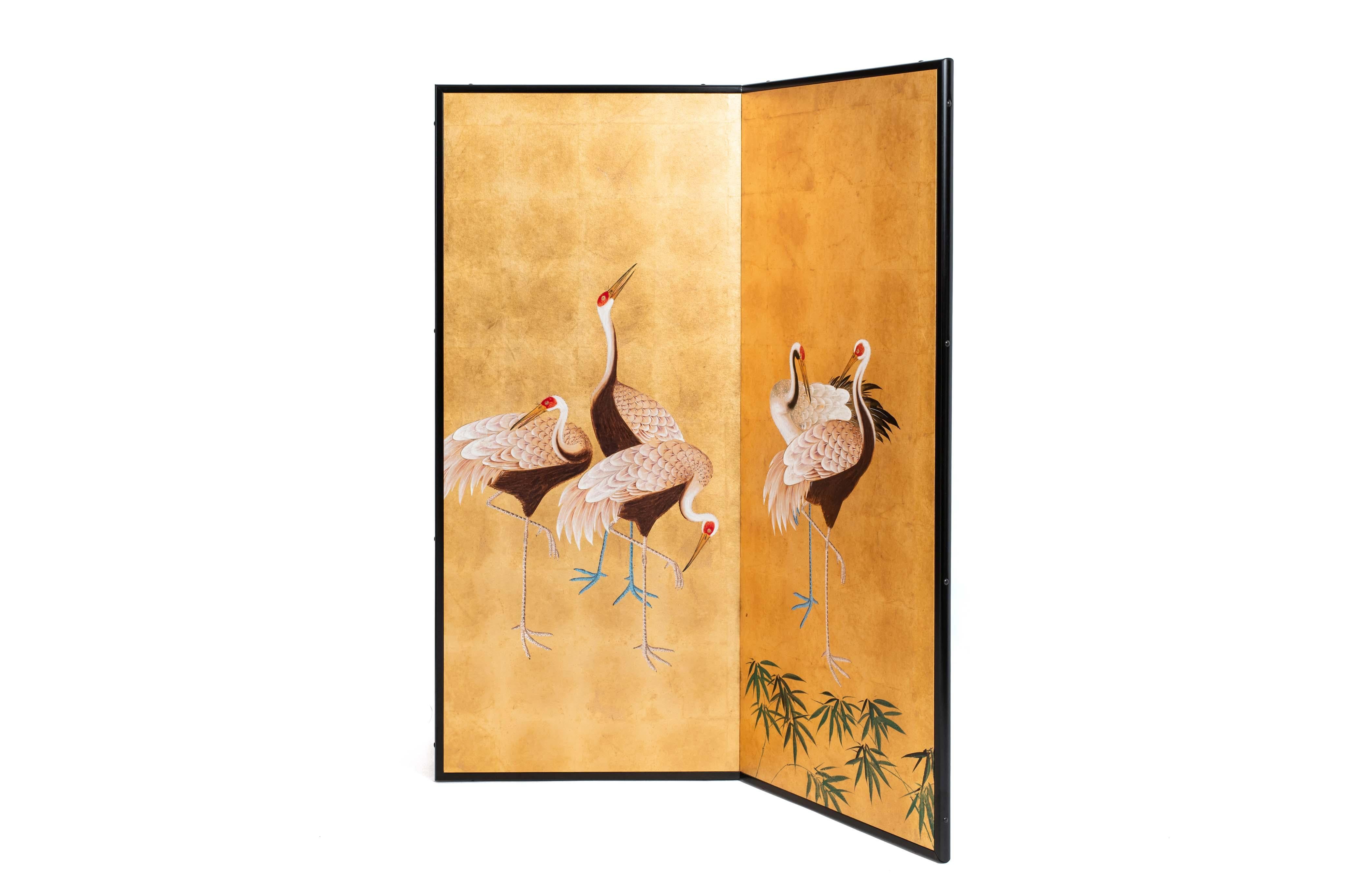 Chinese Contemporary Hand-Painted Japanese Screen of Standing Cranes