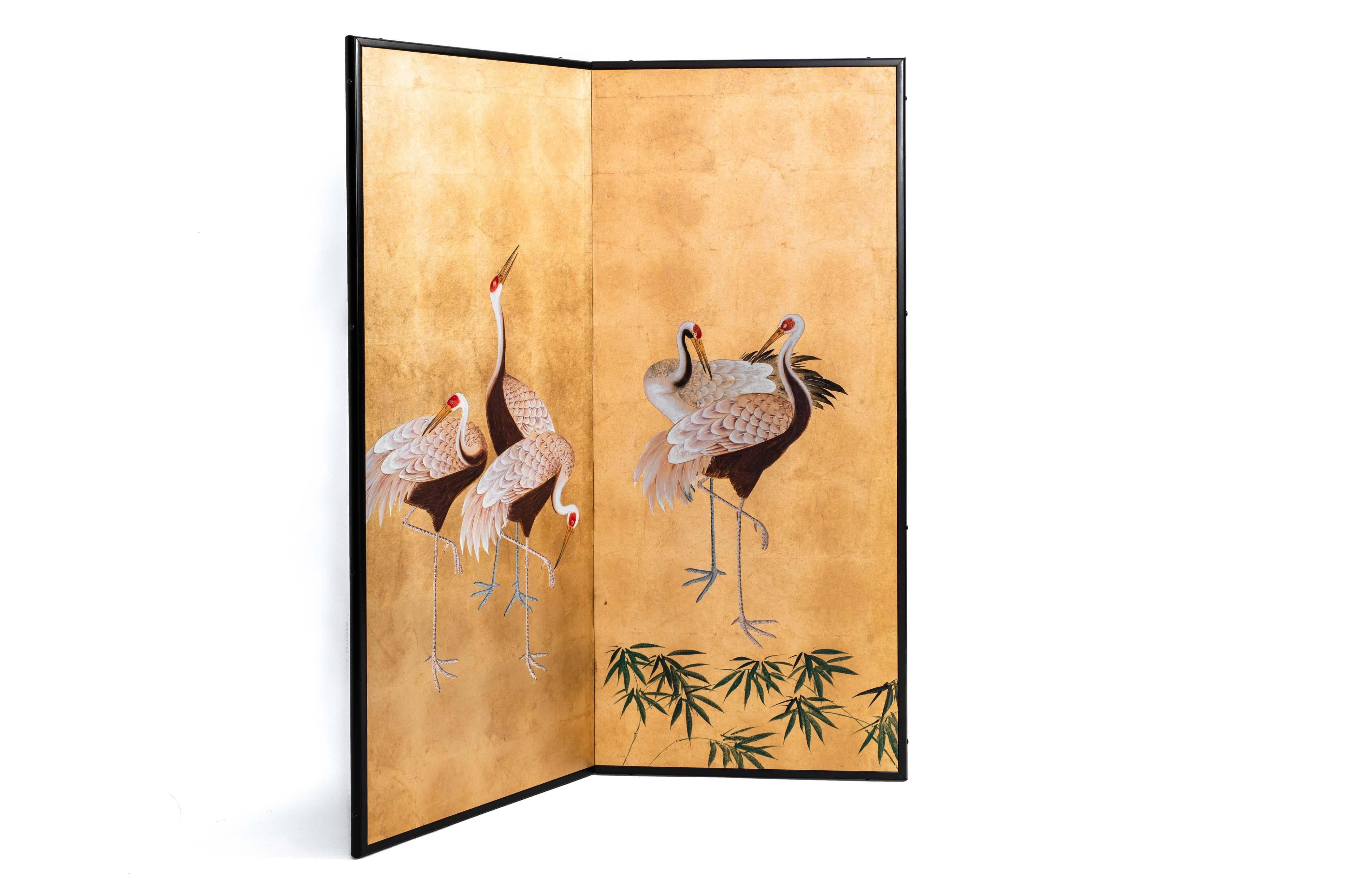Hand-Crafted Contemporary Hand-Painted Japanese Screen of Standing Cranes
