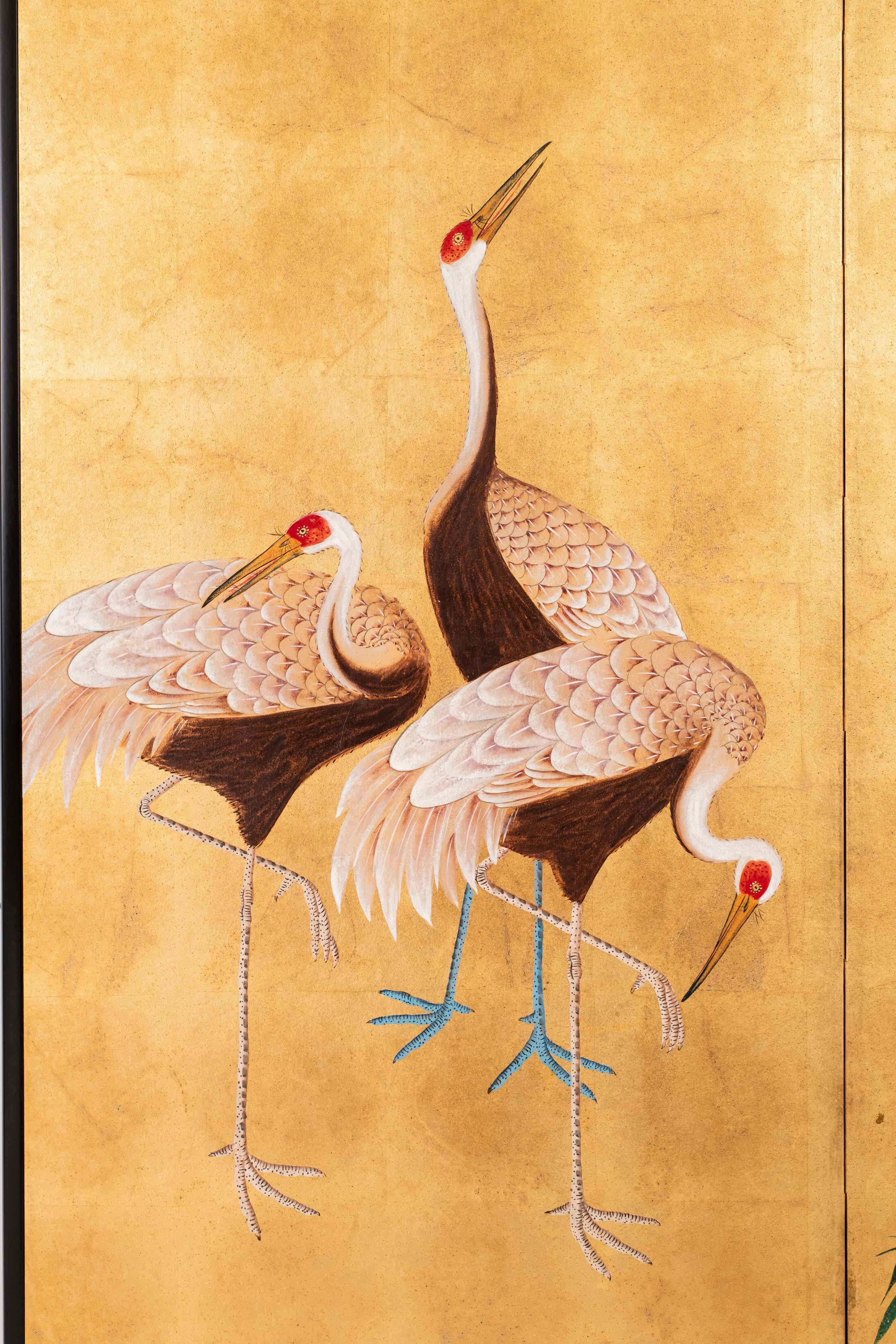Gold Leaf Contemporary Hand-Painted Japanese Screen of Standing Cranes