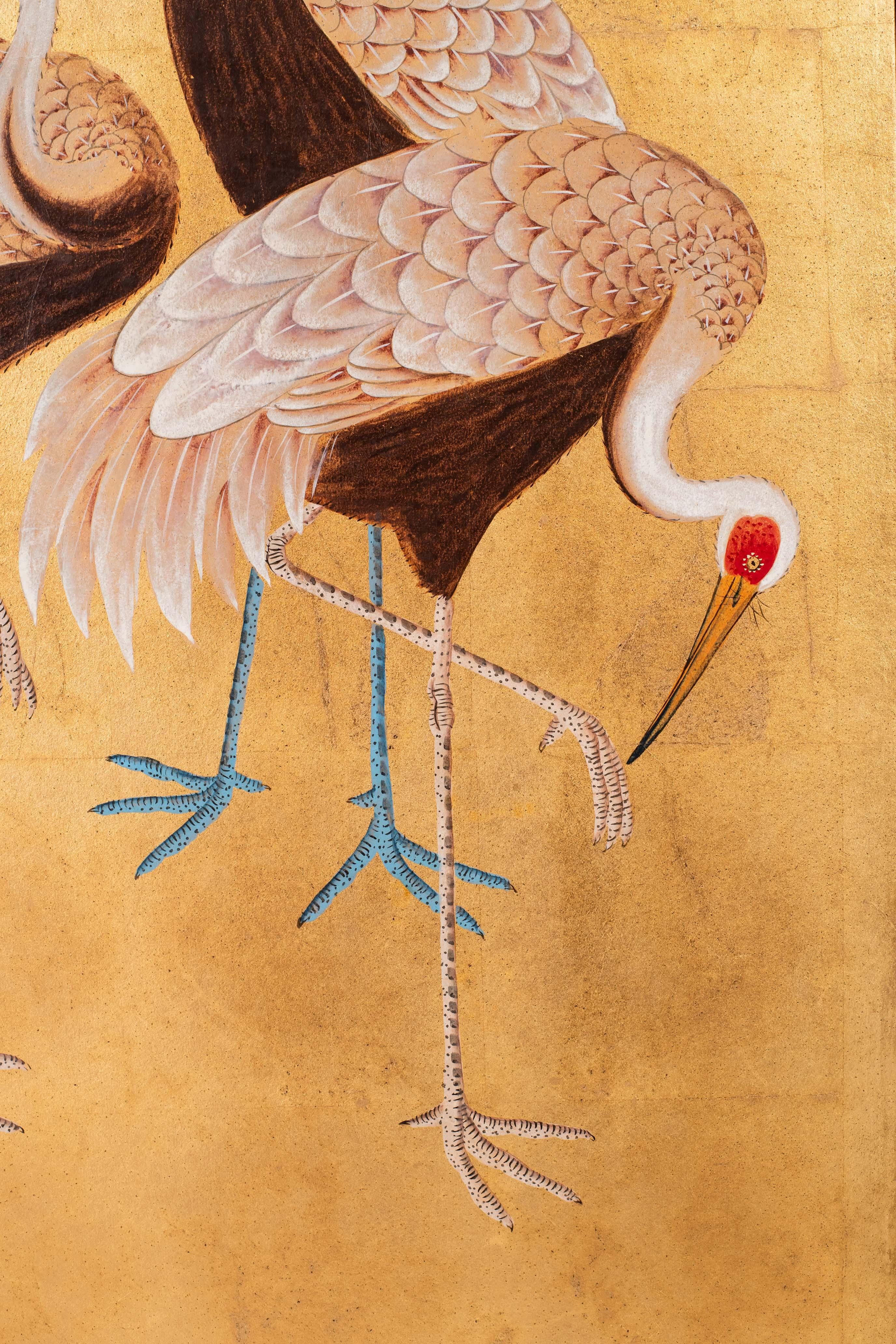 Contemporary Hand-Painted Japanese Screen of Standing Cranes 1