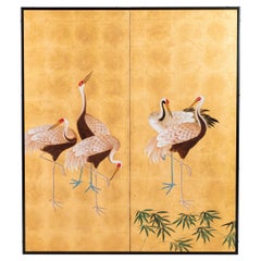 Contemporary Hand-Painted Japanese Screen of Standing Cranes