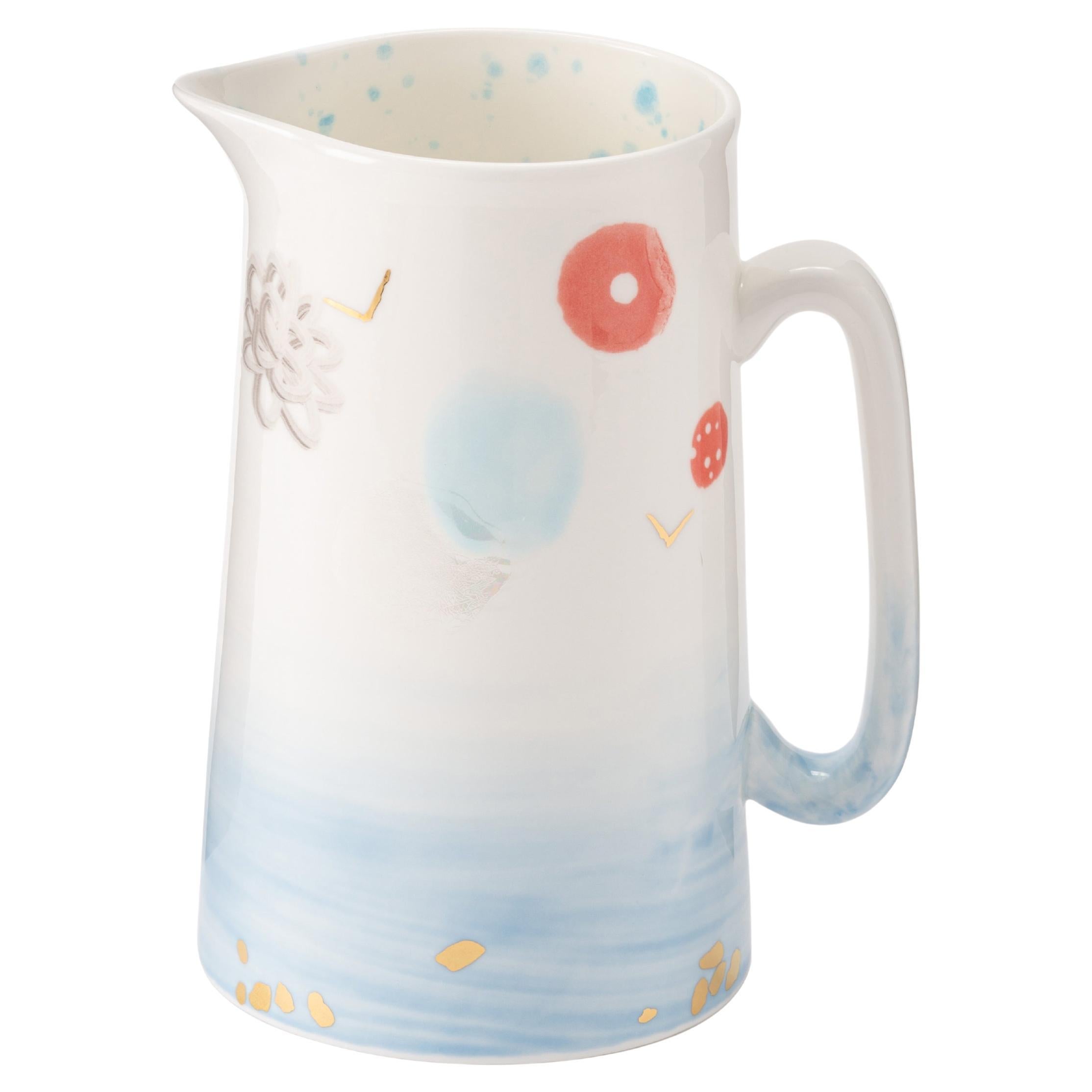 Contemporary Hand-Painted Porcelain 2 Pint Jug Pitcher, Made in Italy