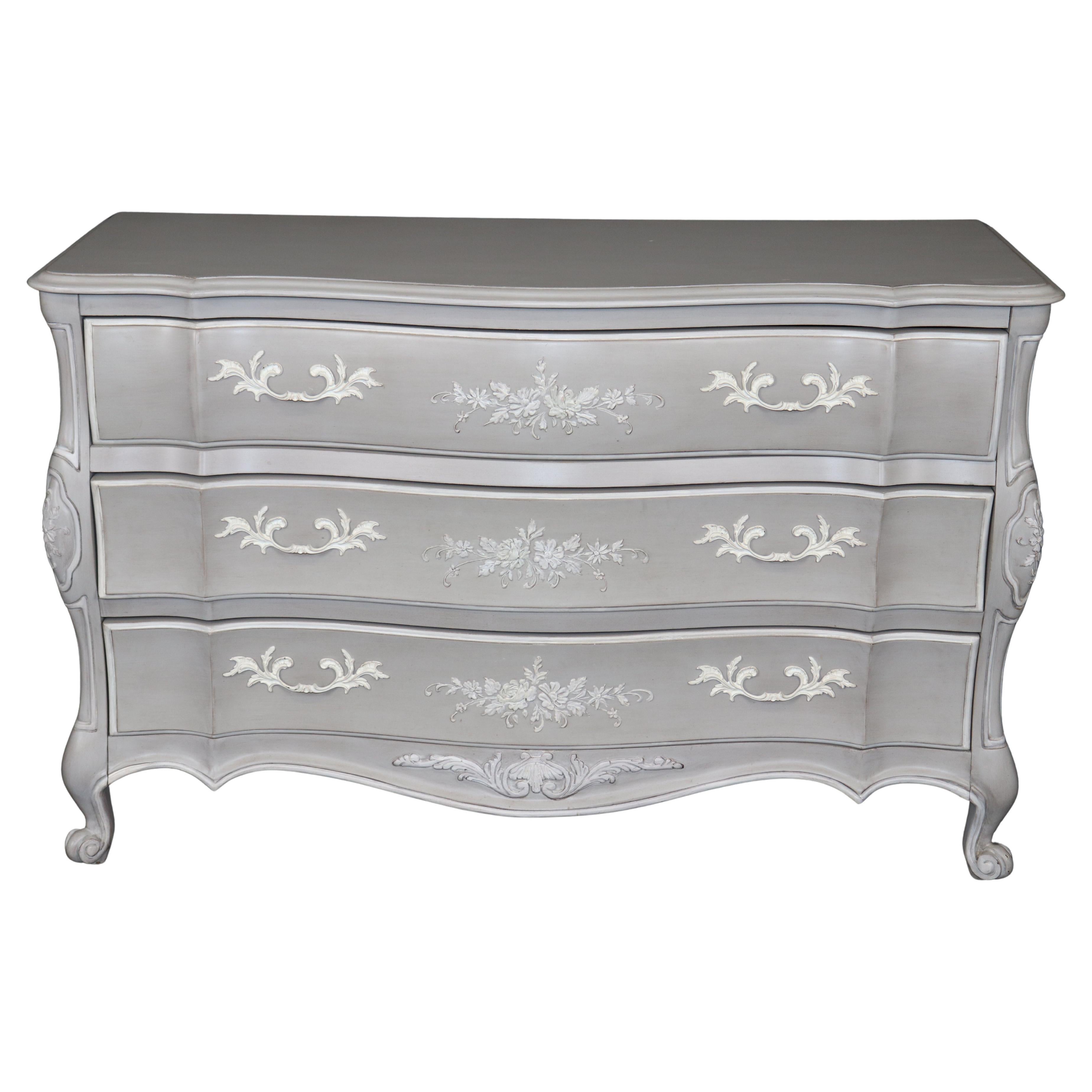 Contemporary Hand-Painted Serpentine Gray and White Painted Commode Dresser