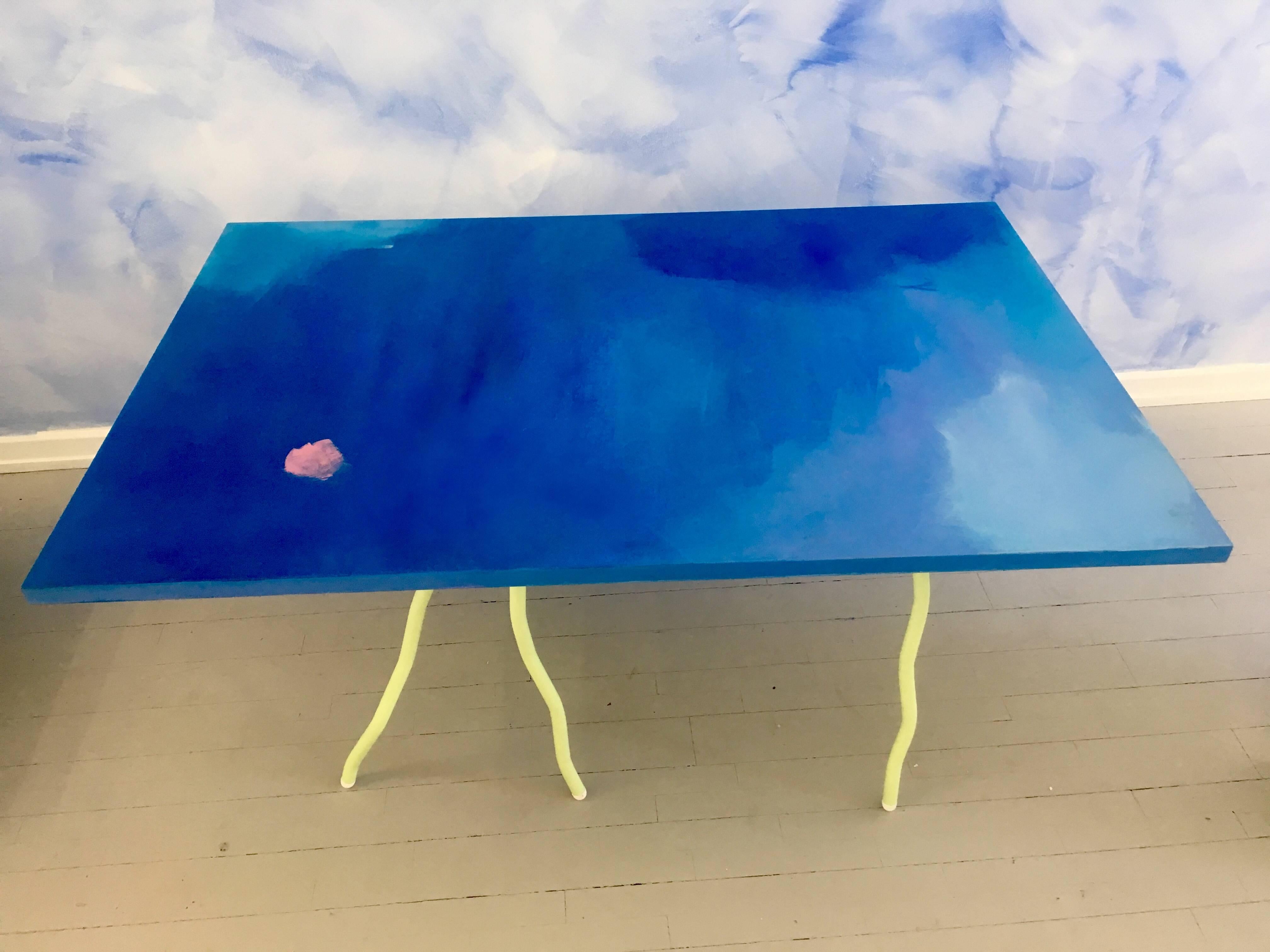 Table made of MDF, paint and varnish with tubular steel legs. Has two sides, the top can be flipped.

For their solo exhibition 