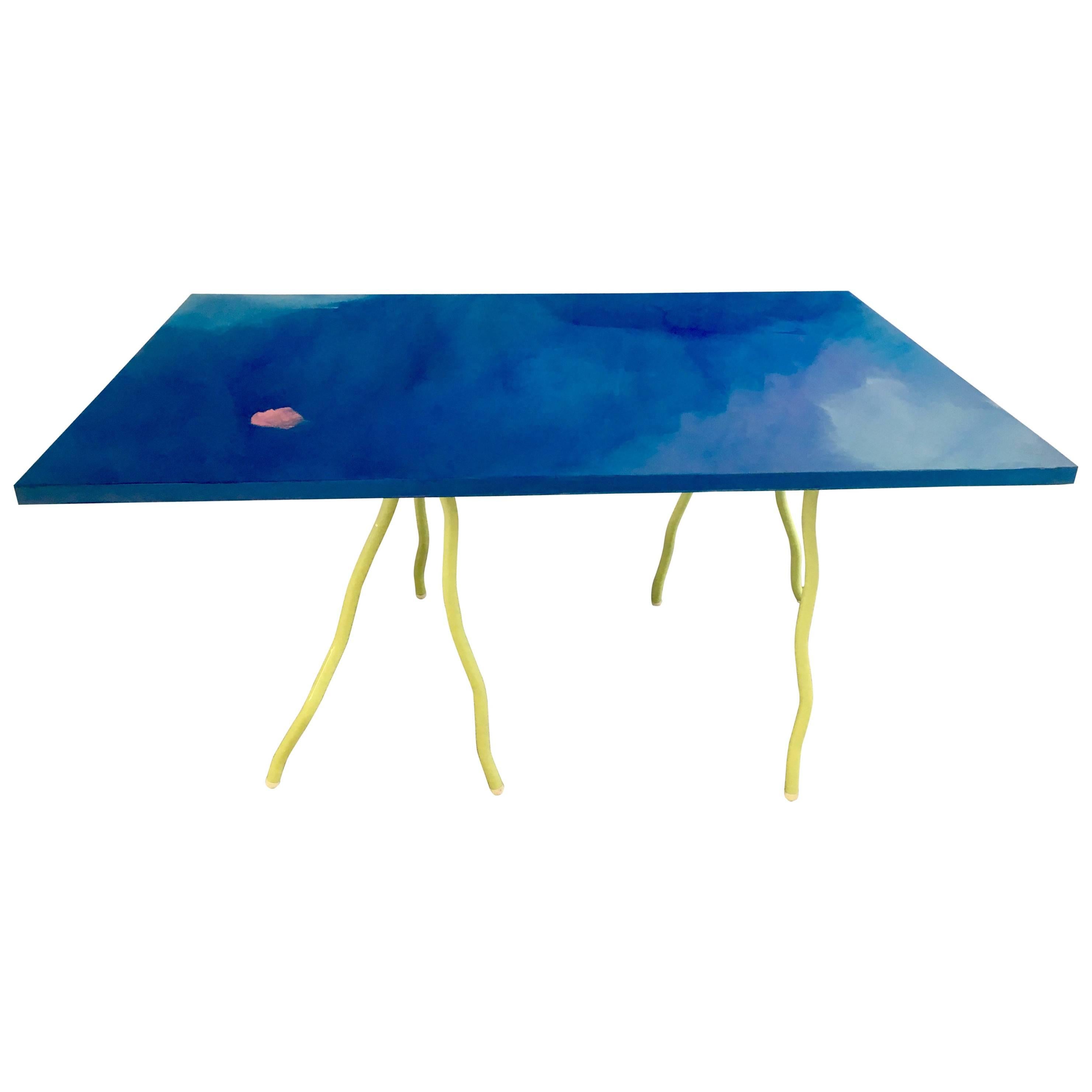 Contemporary Hand-painted Unique Dinner Table and Trestle, Blue and Green For Sale