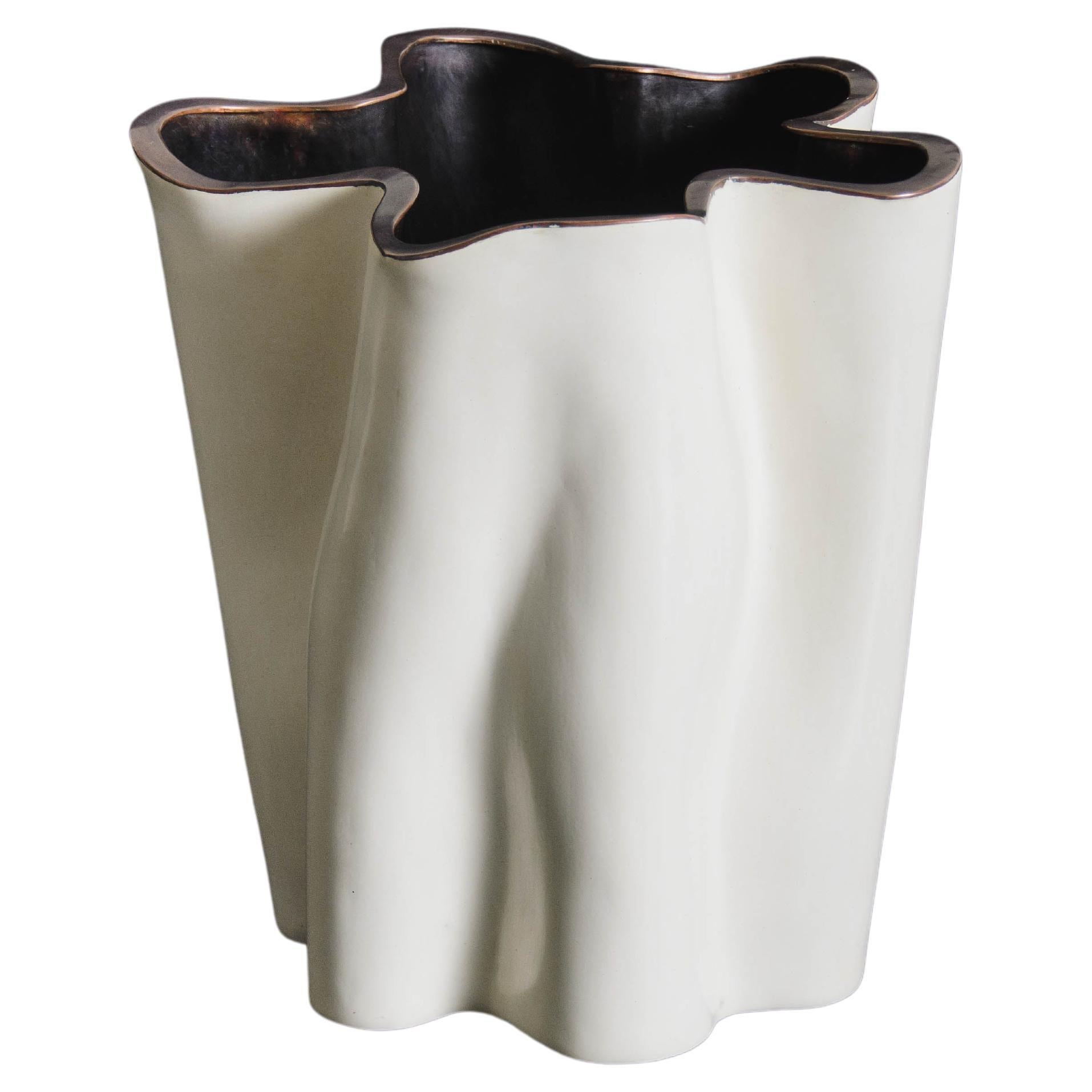 Contemporary Hand Repoussé Ji Guan Hua Vase in Cream Lacquer by Robert Kuo For Sale
