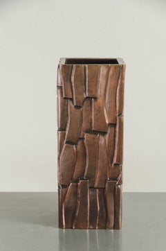 Contemporary Hand Repoussé Kuai Block Vase in Antique Copper by Robert Kuo