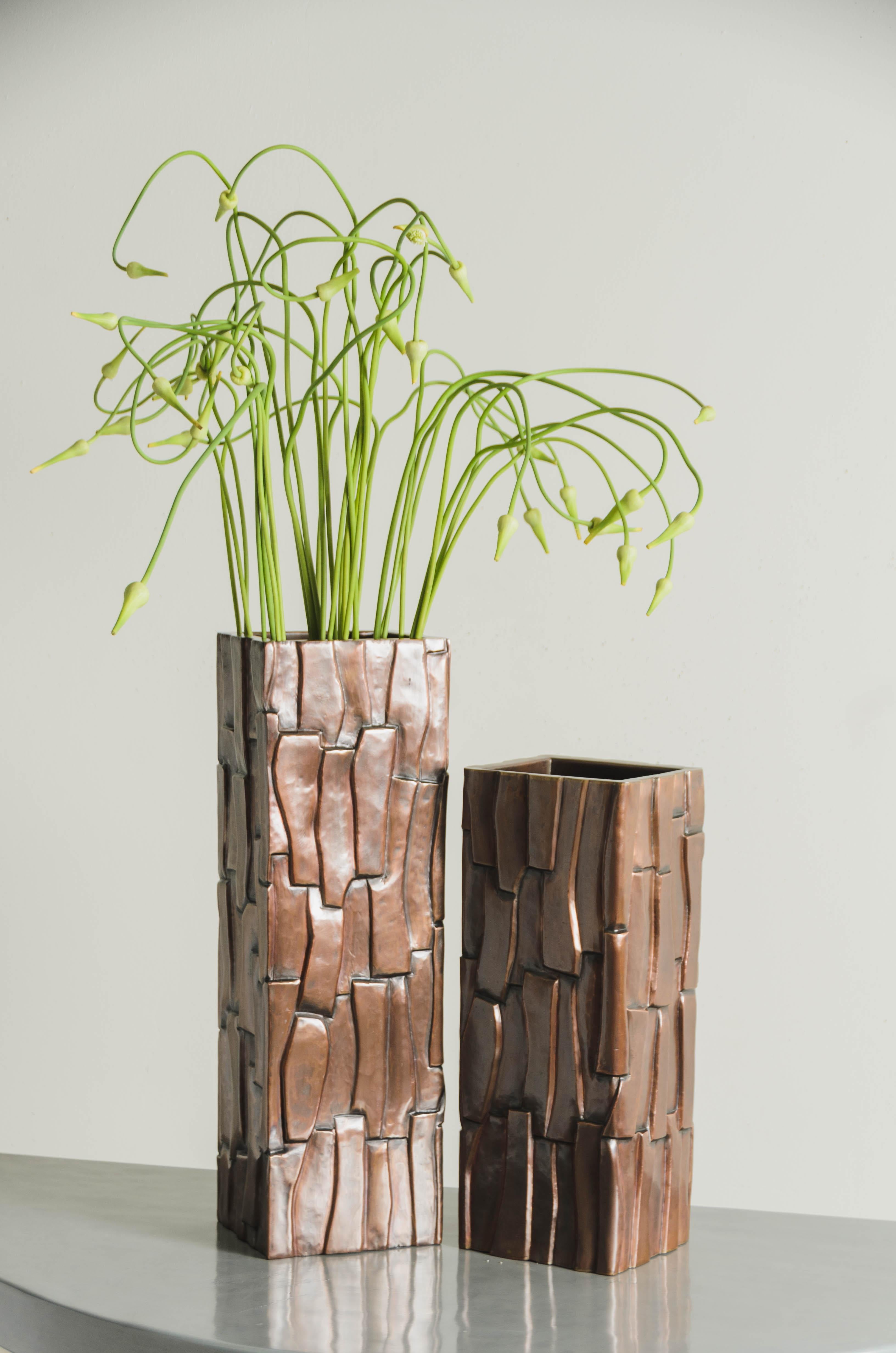 Contemporary Hand Repoussé Kuai Block Vase in Antique Copper by Robert Kuo In New Condition For Sale In Los Angeles, CA