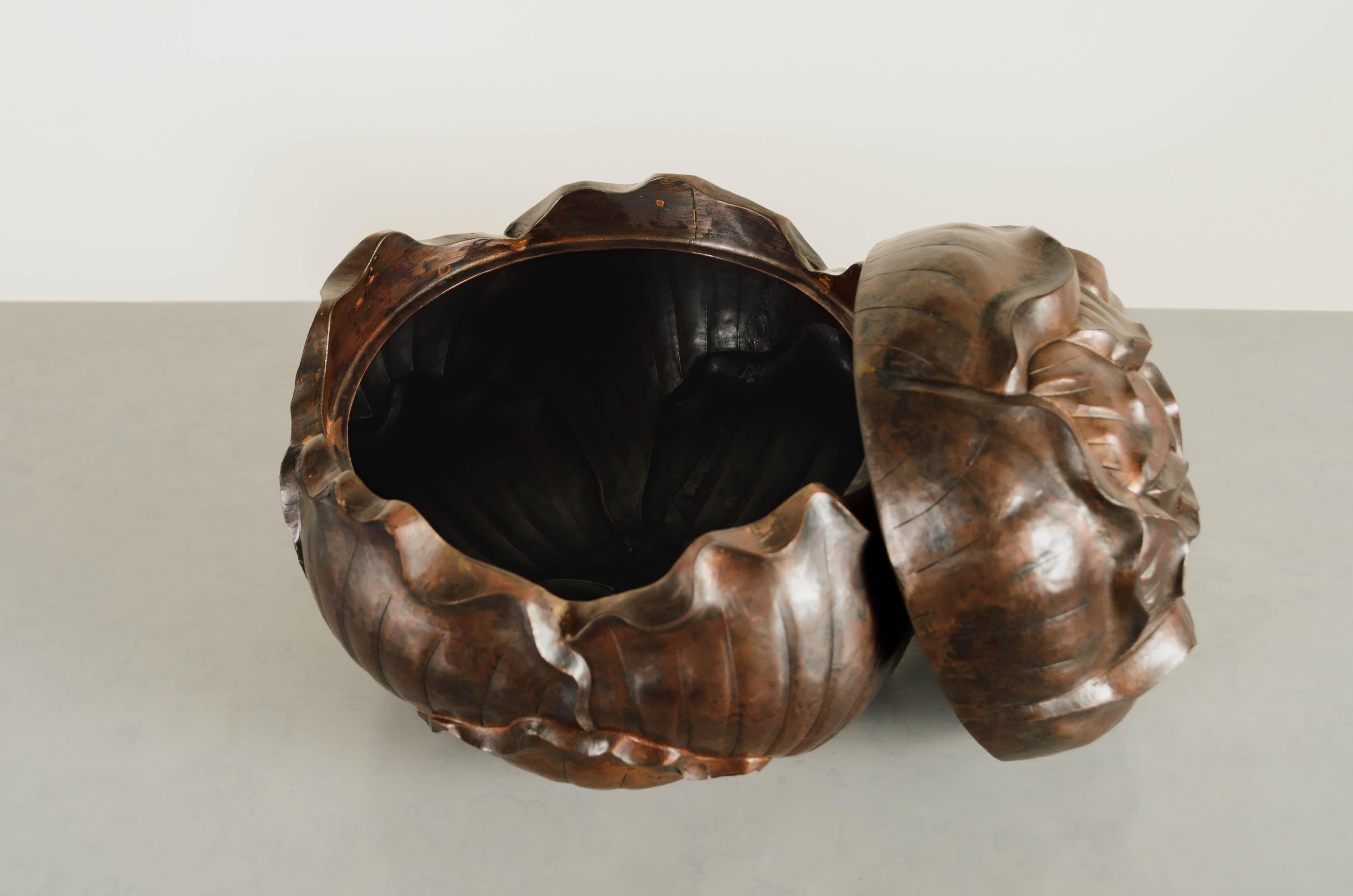 Modern Contemporary Hand Repoussé Peony Box in Antique Copper by Robert Kuo For Sale