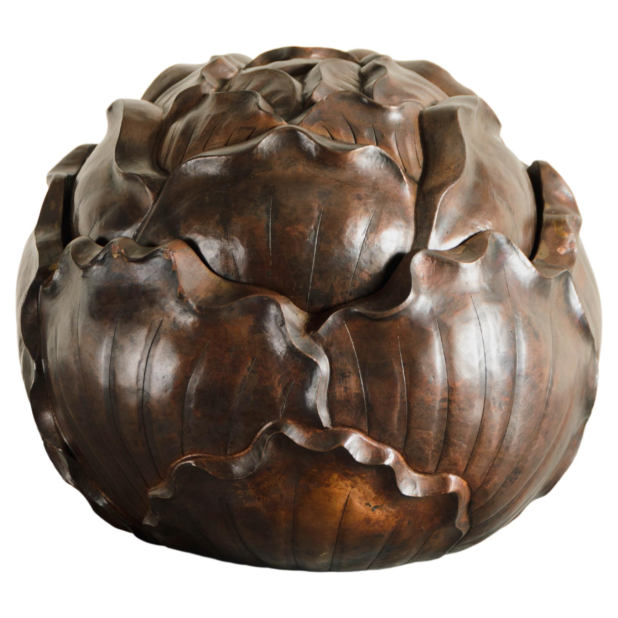 Contemporary Hand Repoussé Peony Box in Antique Copper by Robert Kuo For Sale