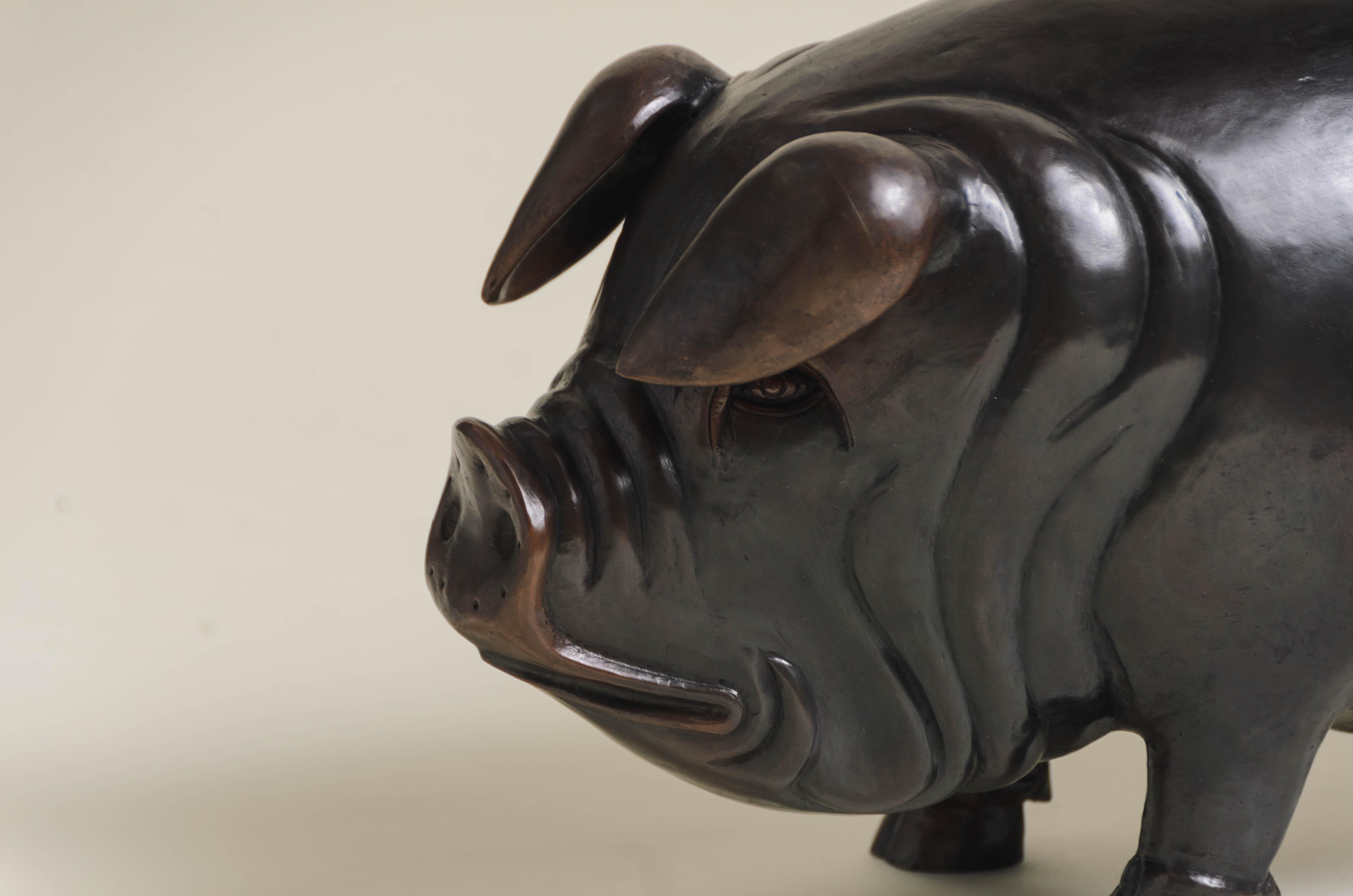 Contemporary Hand Repoussé Pig Sculpture in Dark Antique Copper by Robert Kuo For Sale 1