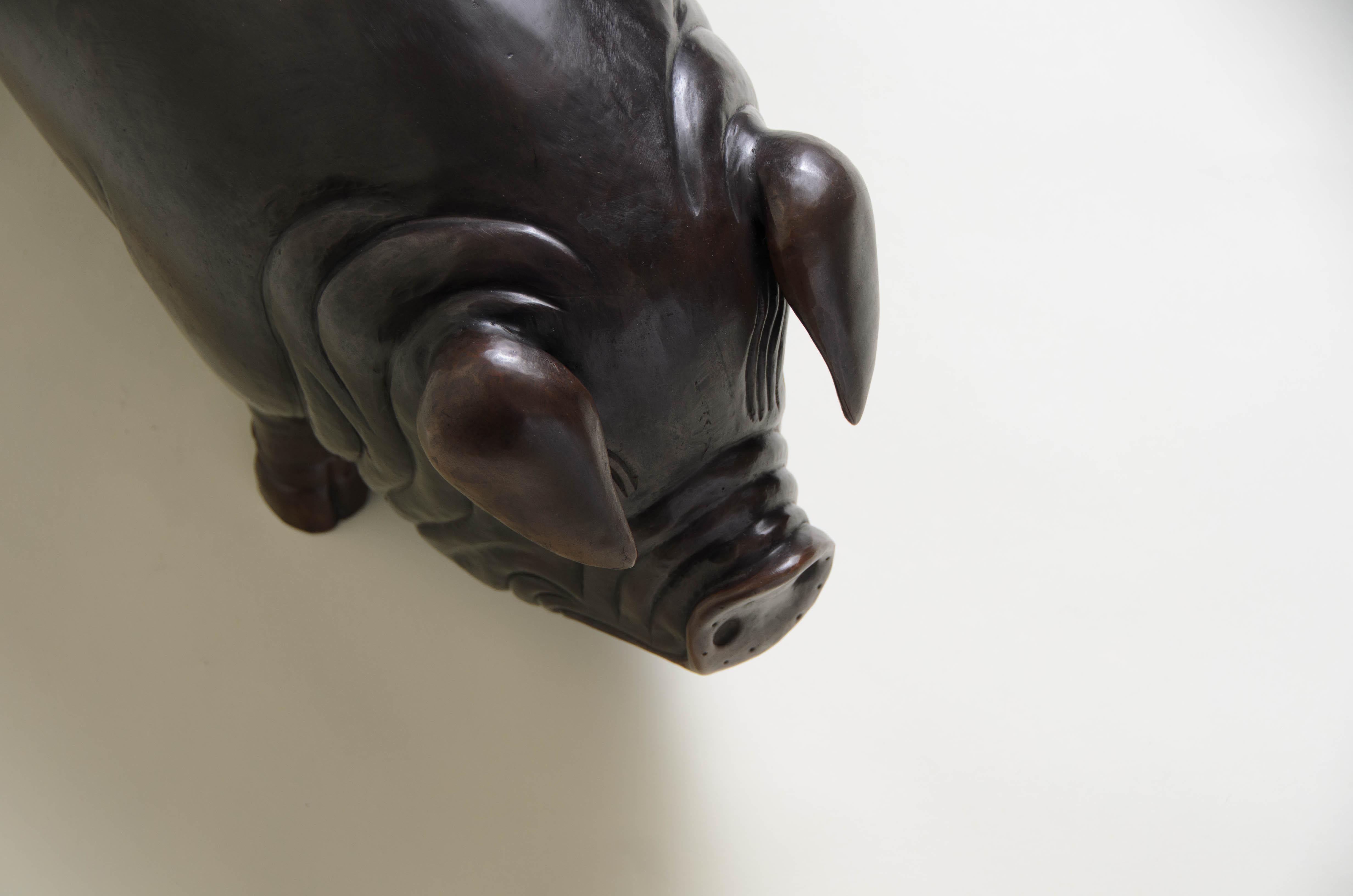 Contemporary Hand Repoussé Pig Sculpture in Dark Antique Copper by Robert Kuo For Sale 2