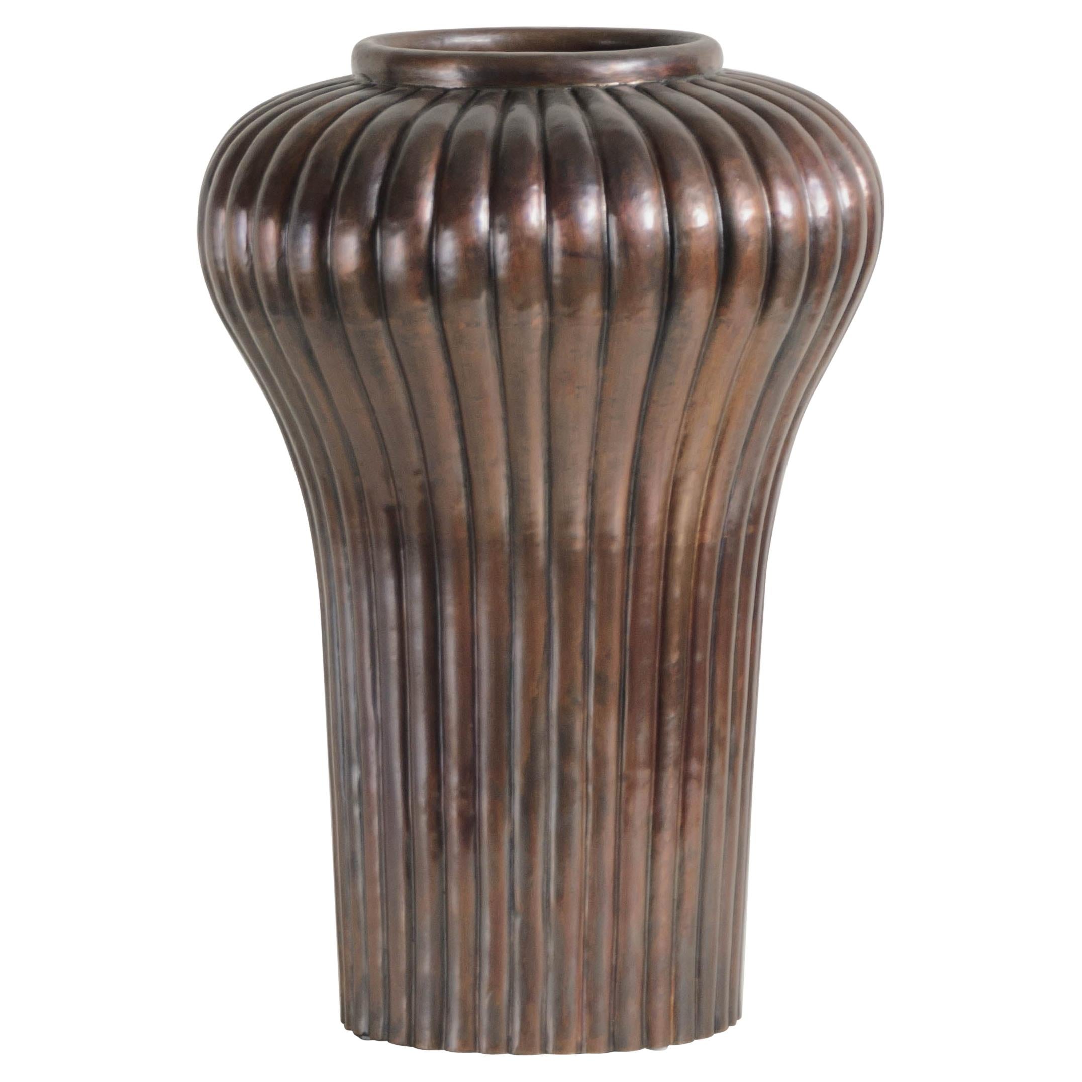 Contemporary Hand Repoussé Ribbed Jar in Antique Copper by Robert Kuo