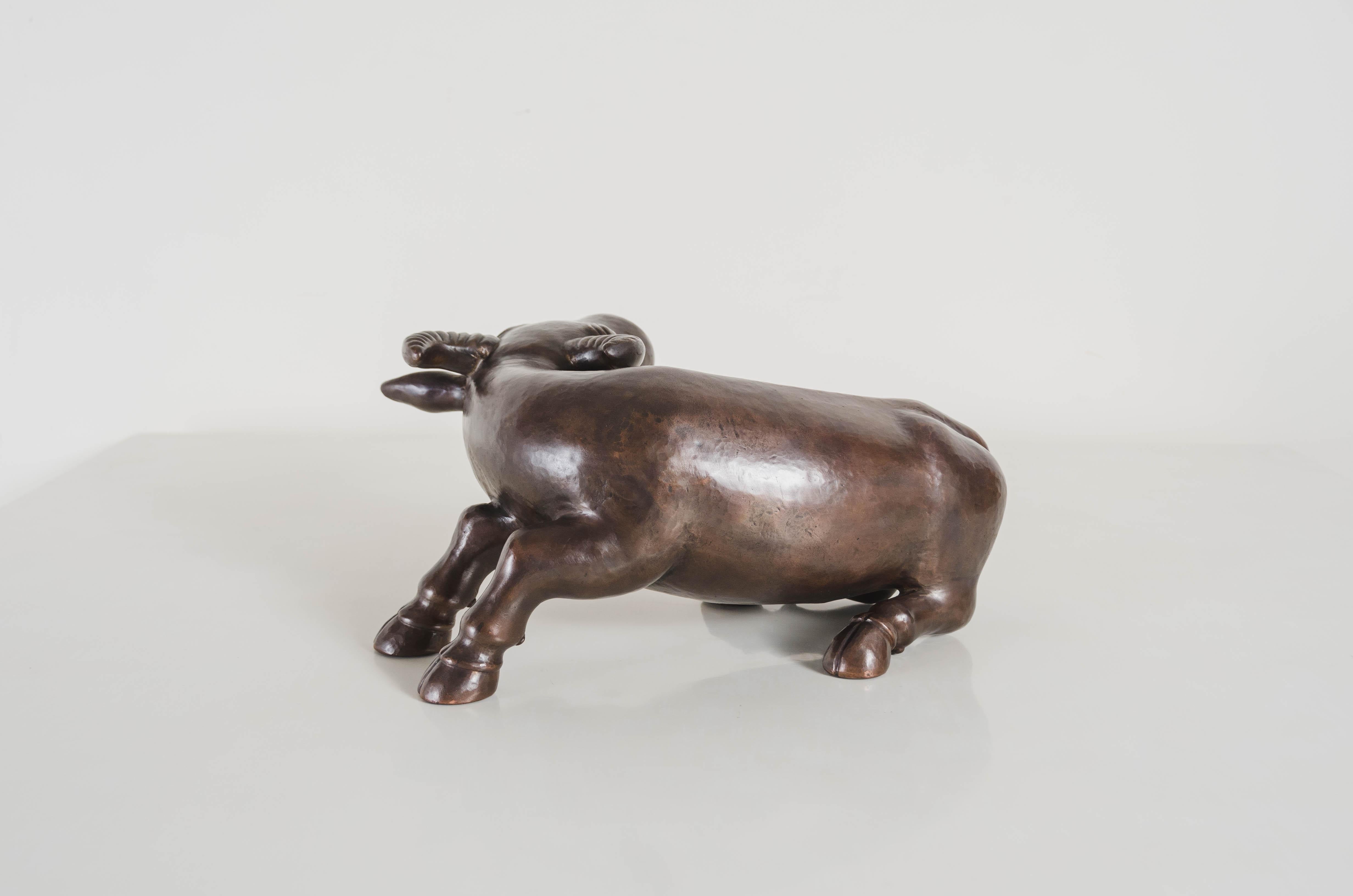 Contemporary Hand Repoussé Water Ox Sculpture in Antique Copper by Robert Kuo In New Condition For Sale In Los Angeles, CA