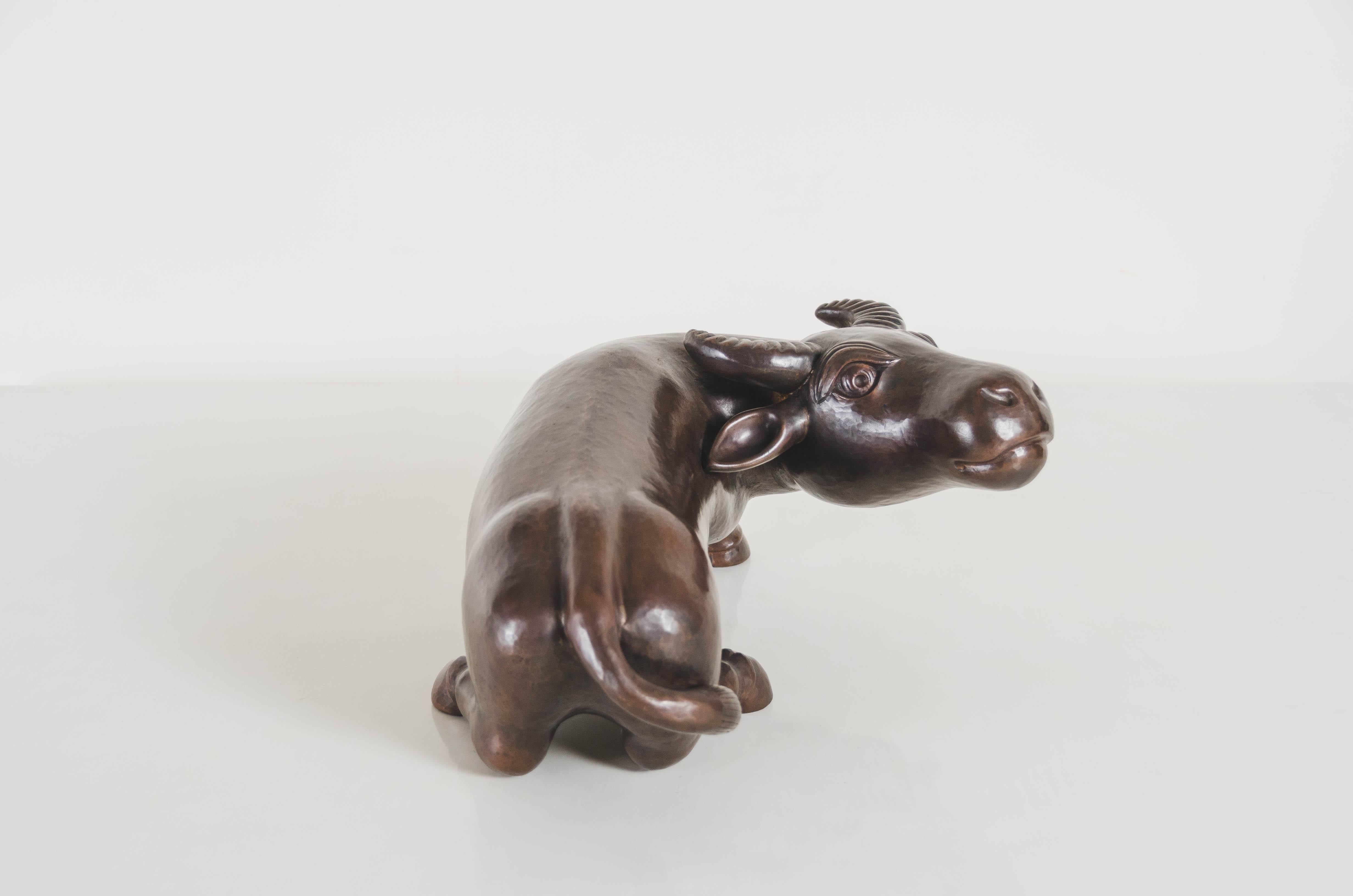 Contemporary Hand Repoussé Water Ox Sculpture in Antique Copper by Robert Kuo For Sale 1