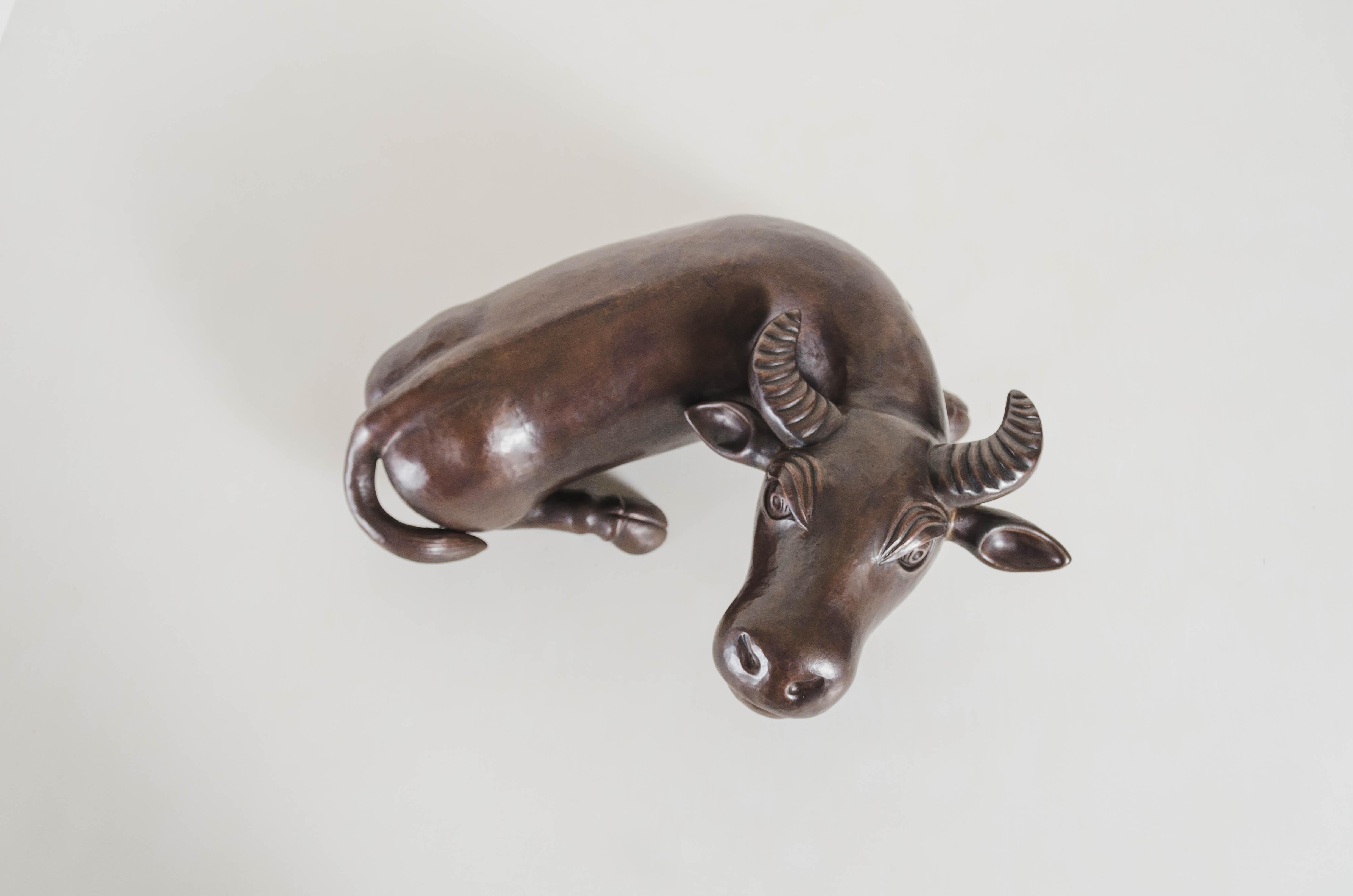 Contemporary Hand Repoussé Water Ox Sculpture in Antique Copper by Robert Kuo For Sale 2