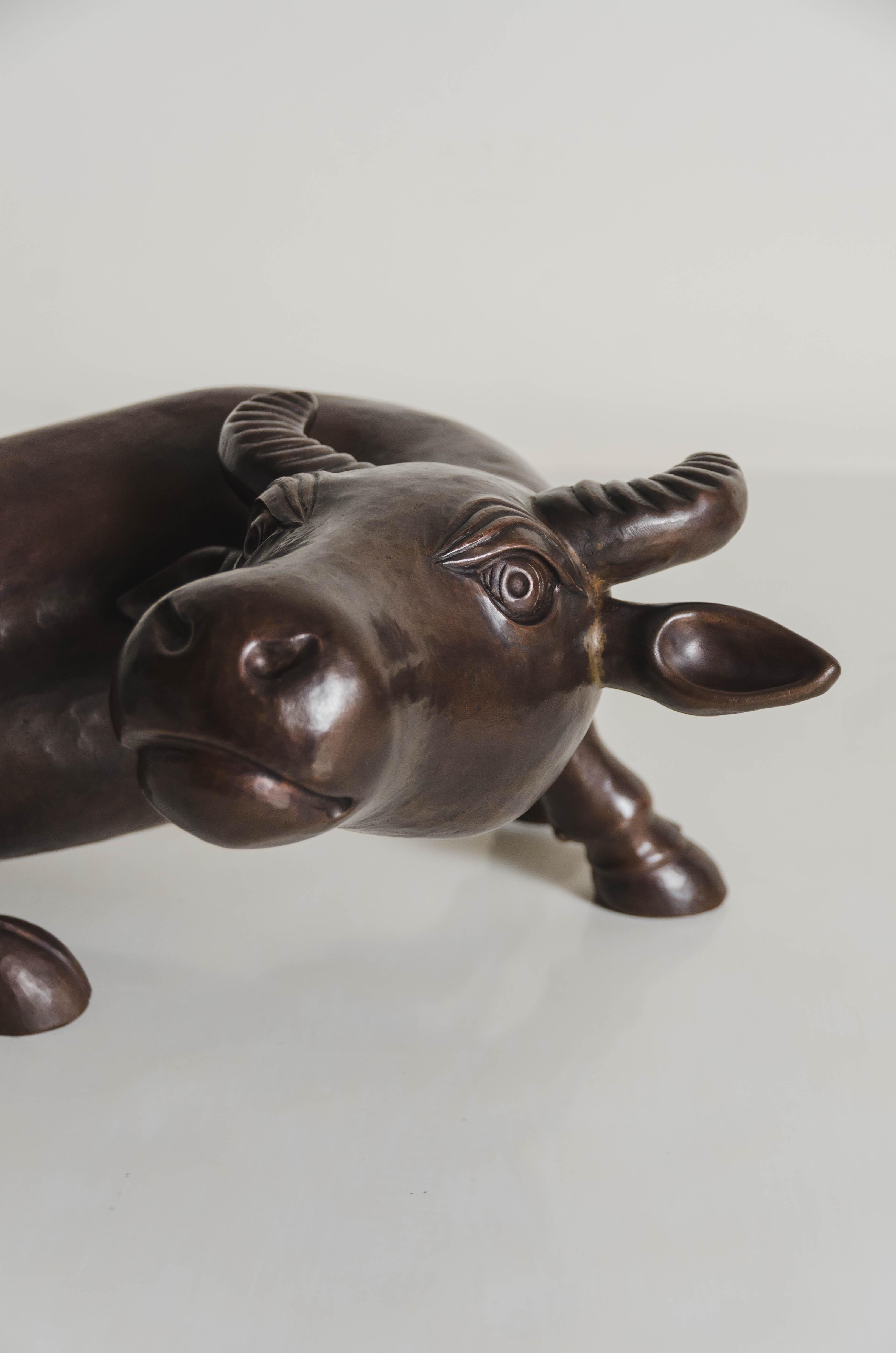 Contemporary Hand Repoussé Water Ox Sculpture in Antique Copper by Robert Kuo For Sale 4