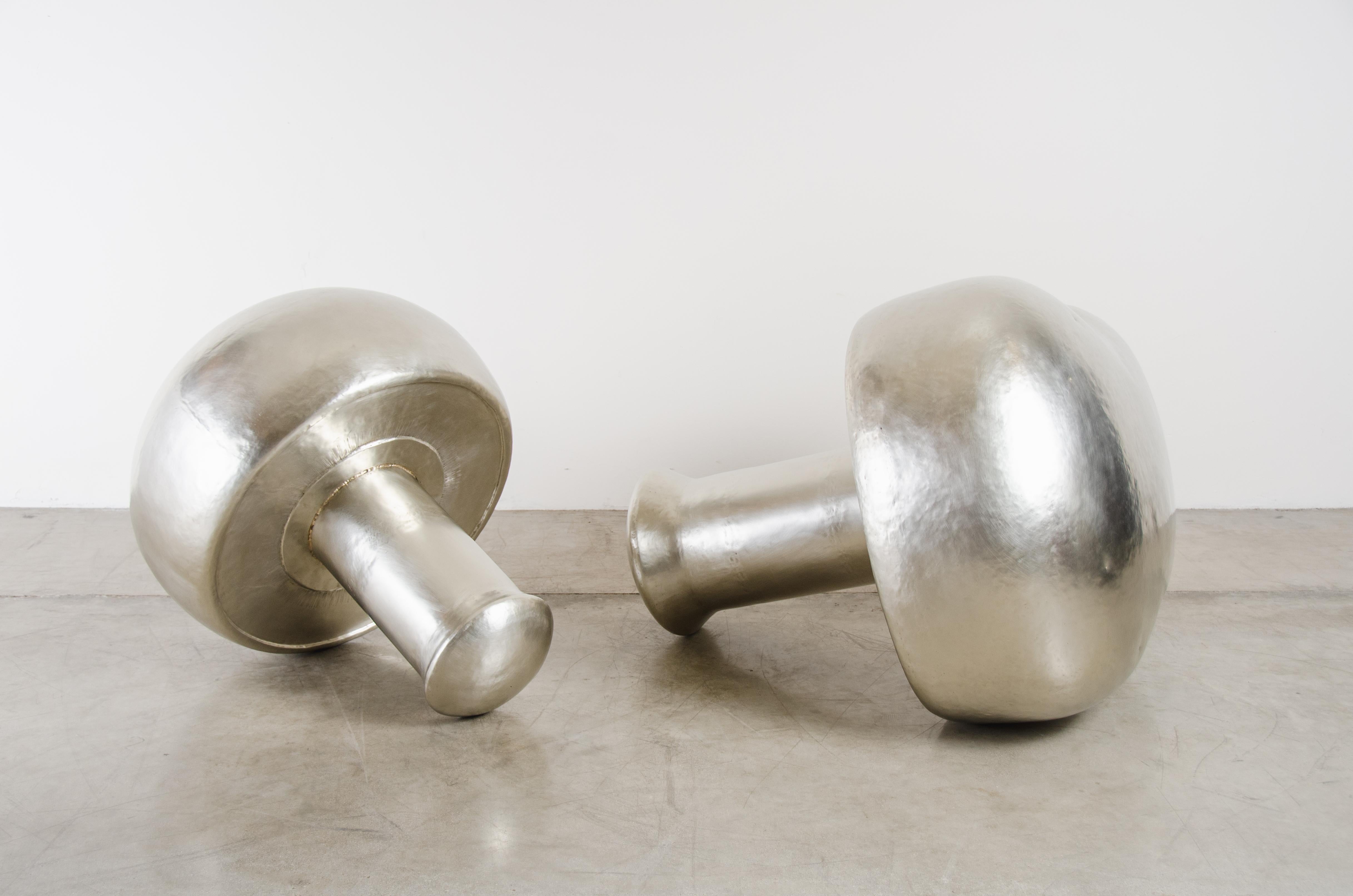 Minimalist Contemporary Hand Repoussé White Bronze Mushroom Sculptures by Robert Kuo For Sale