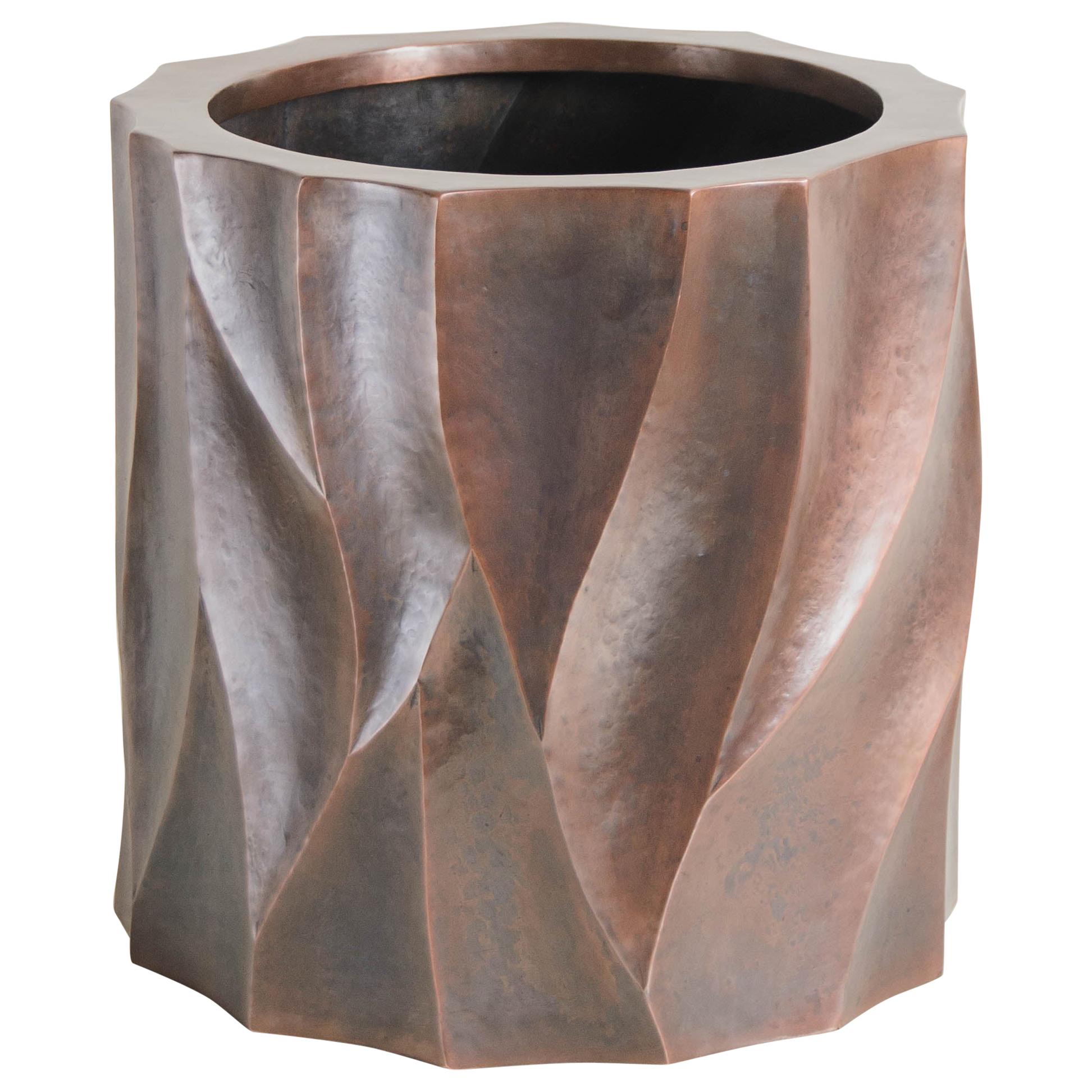 Contemporary Hand Repoussé Za Xian Pot in Antique Copper by Robert Kuo For Sale