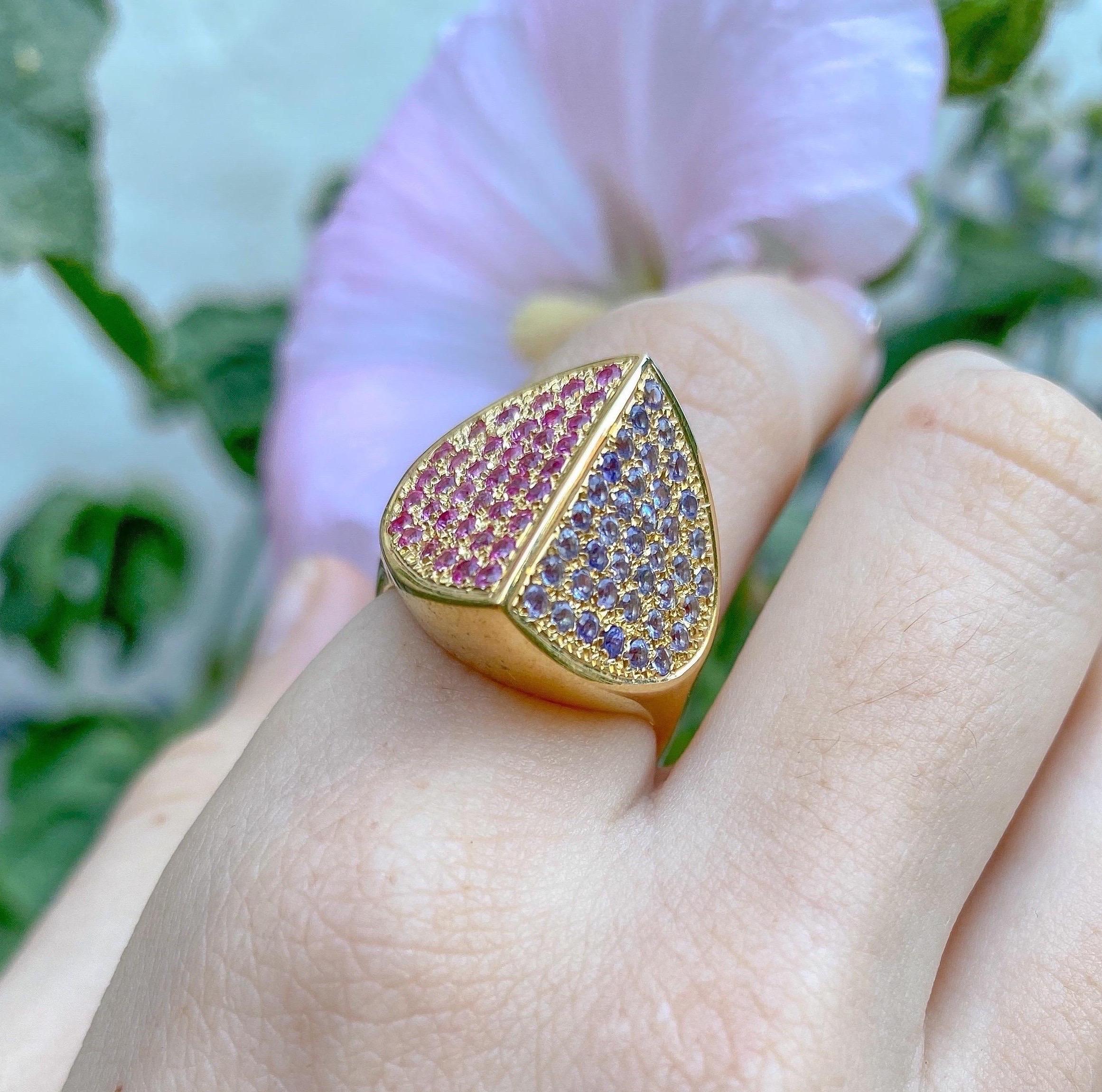 Contemporary Hand Sculpted 18K Gold, Pink Sapphire & Tanzanite Cocktail Ring For Sale 6