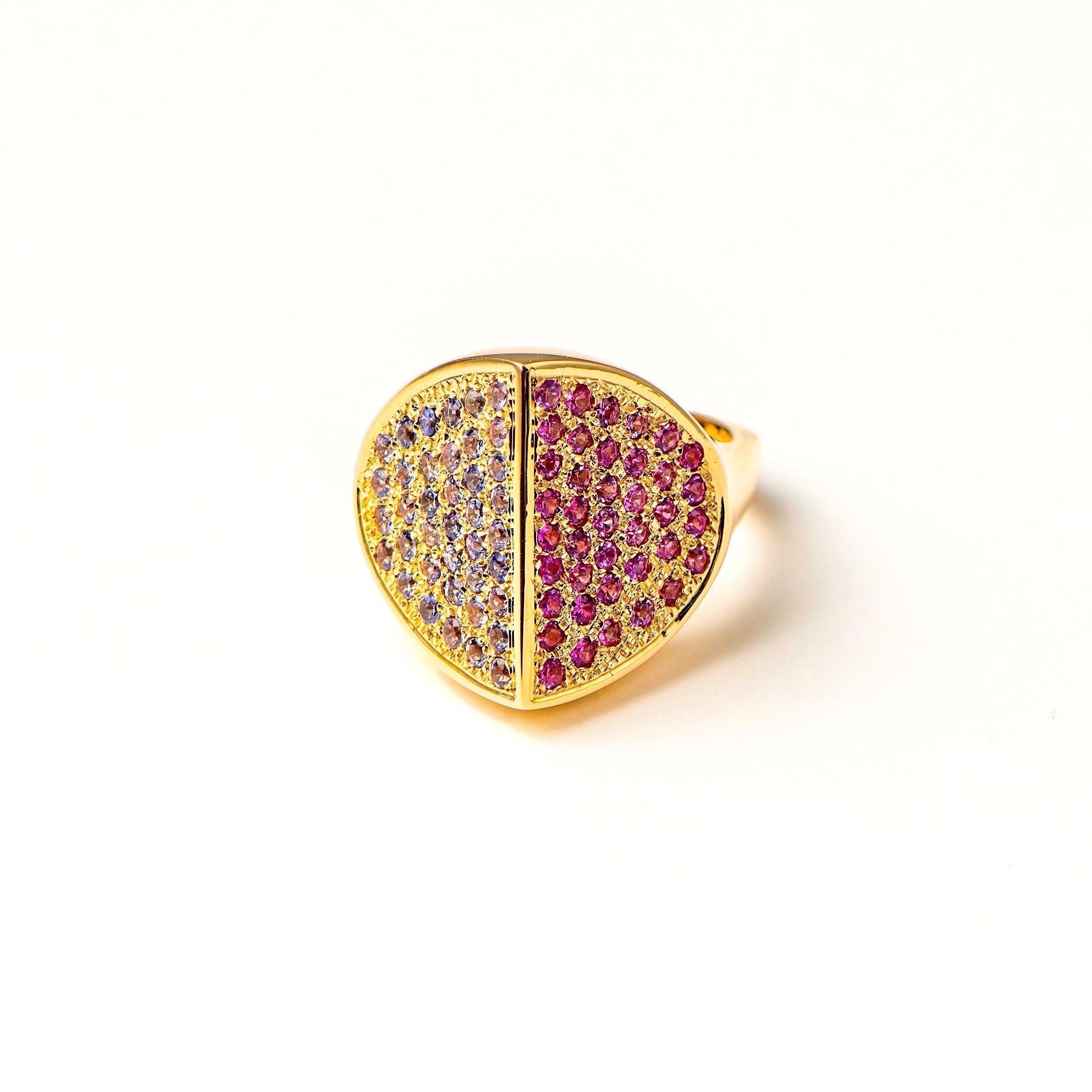 Round Cut Contemporary Hand Sculpted 18K Gold, Pink Sapphire & Tanzanite Cocktail Ring For Sale