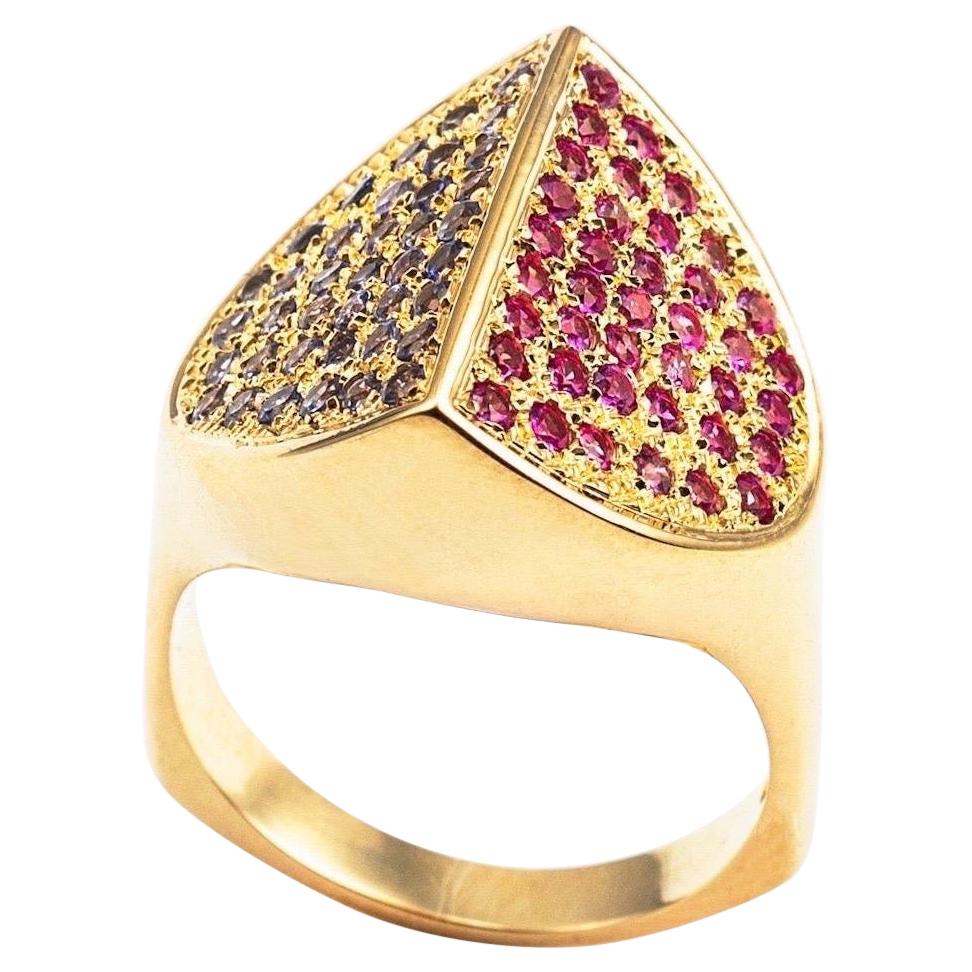 Contemporary Hand Sculpted 18K Gold, Pink Sapphire & Tanzanite Cocktail Ring For Sale