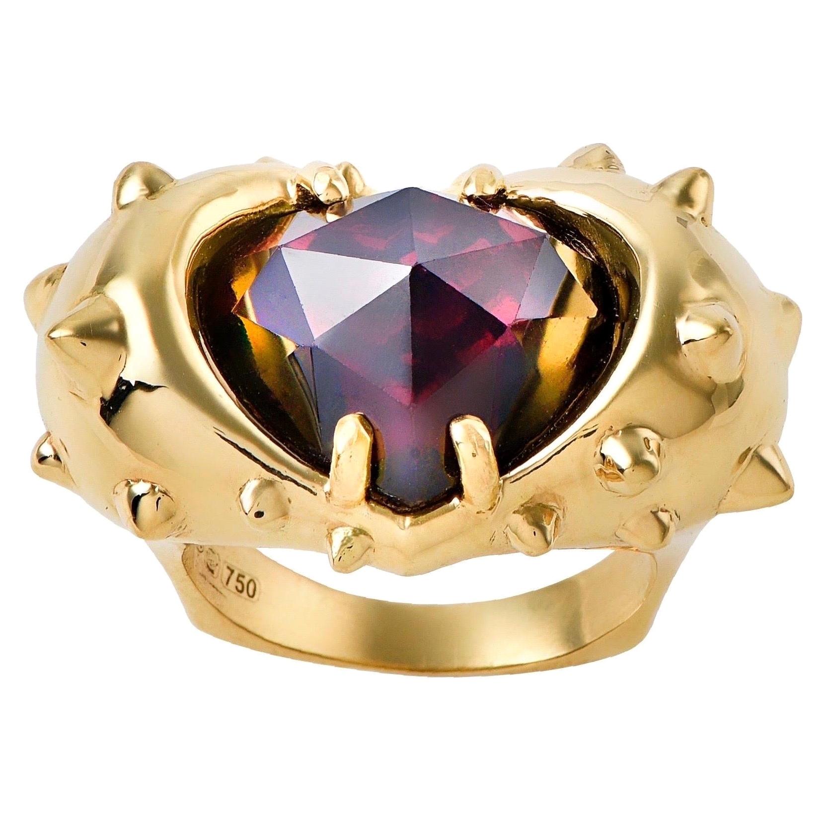 Contemporary Hand Sculpted 18K Yellow Gold and Rose Cut Red Garnet Heart Ring For Sale