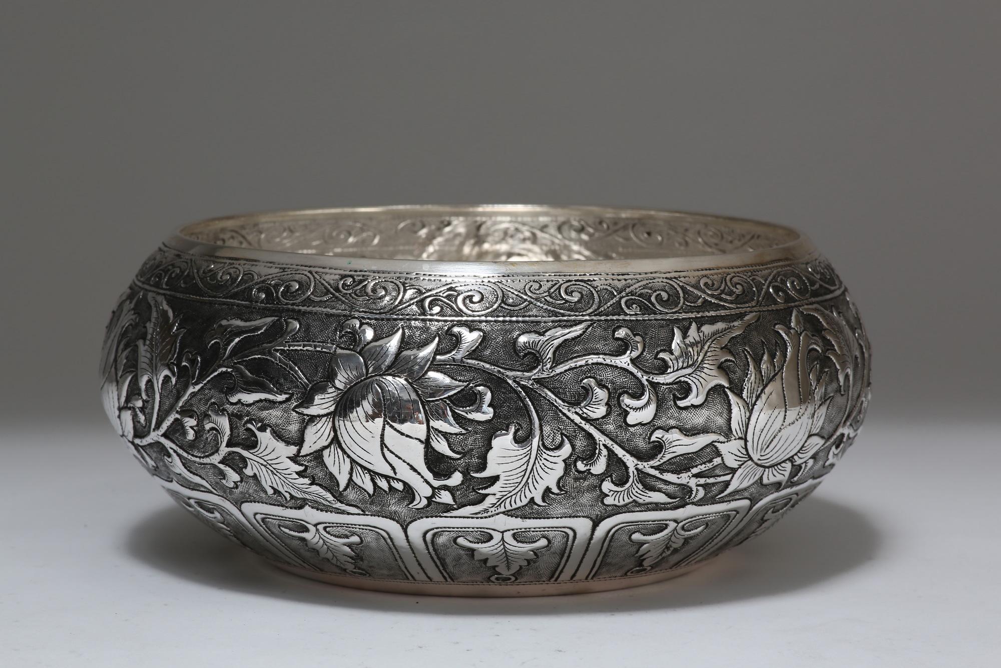 Cambodian Contemporary Hand-Worked Solid Silver Bowl, Chinese Floral Motif, Centerpiece