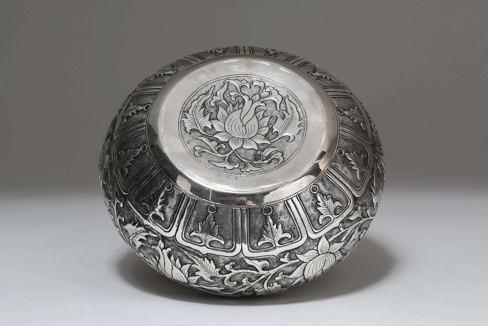 Hand-Crafted Contemporary Hand-Worked Solid Silver Bowl, Chinese Floral Motif, Centerpiece