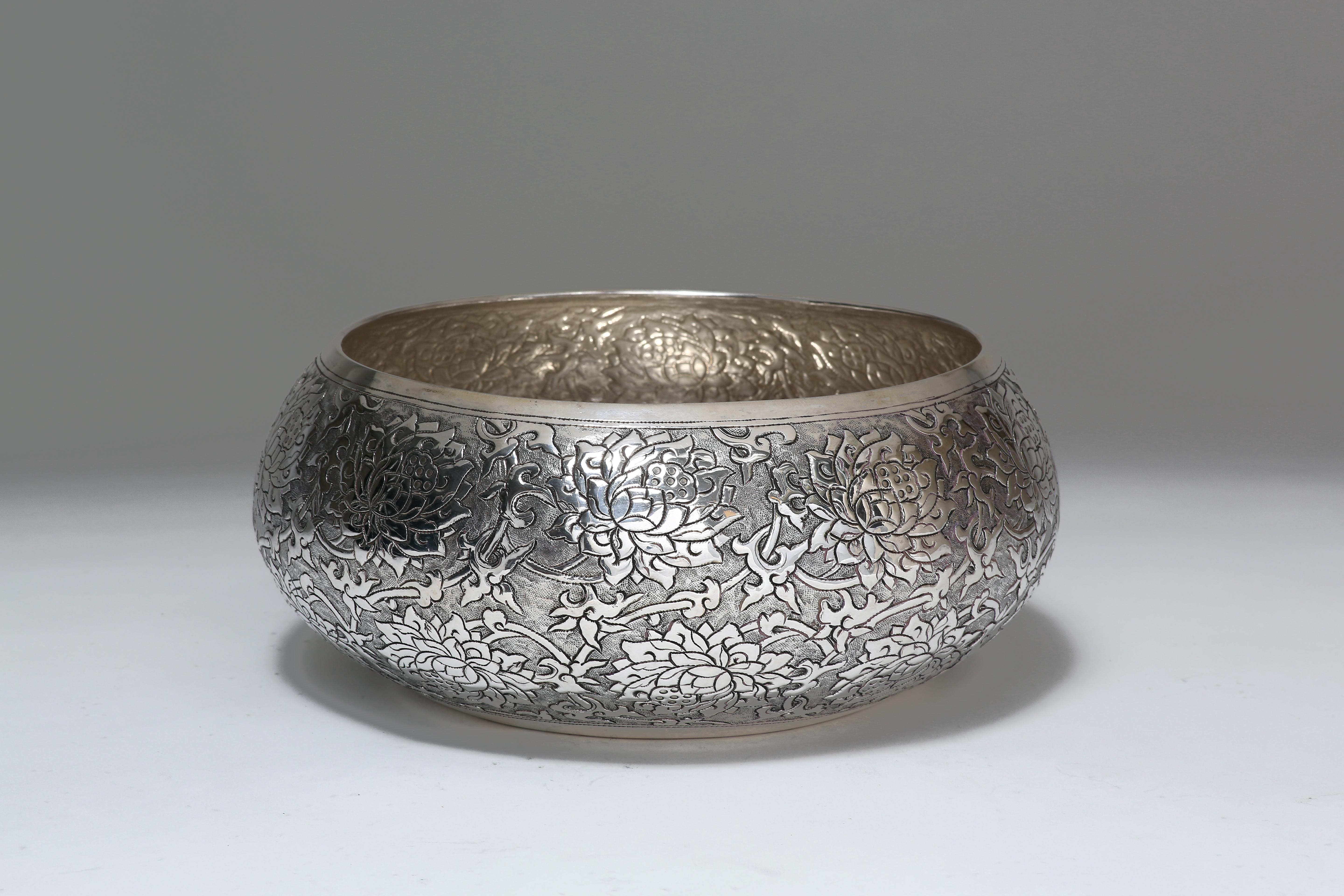 The fine hand-worked solid silver bowl is meticulously chased with classic scrolling lotus motif. It is available in other sizes.
Lotus is a symbol of purity, grace, elangcy and perseverance. The silver is 90% pure.