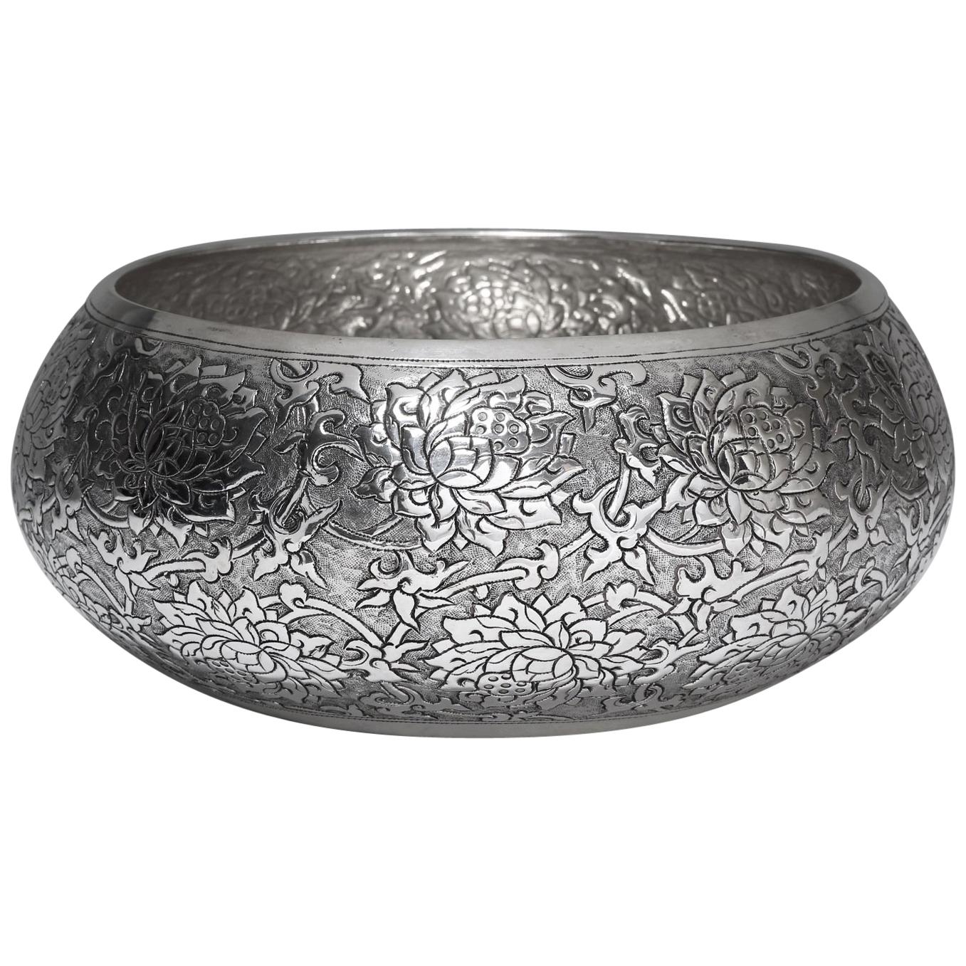 Contemporary Hand-Worked Solid Silver Bowl, Lotus Motif, Centerpiece For Sale