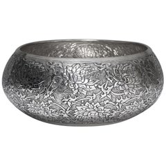 Contemporary Hand-Worked Solid Silver Bowl, Lotus Motif, Centerpiece
