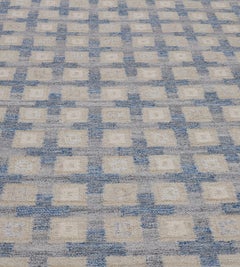 Contemporary Hand-woven 100% Wool Swedish-Inspired Blue Rug