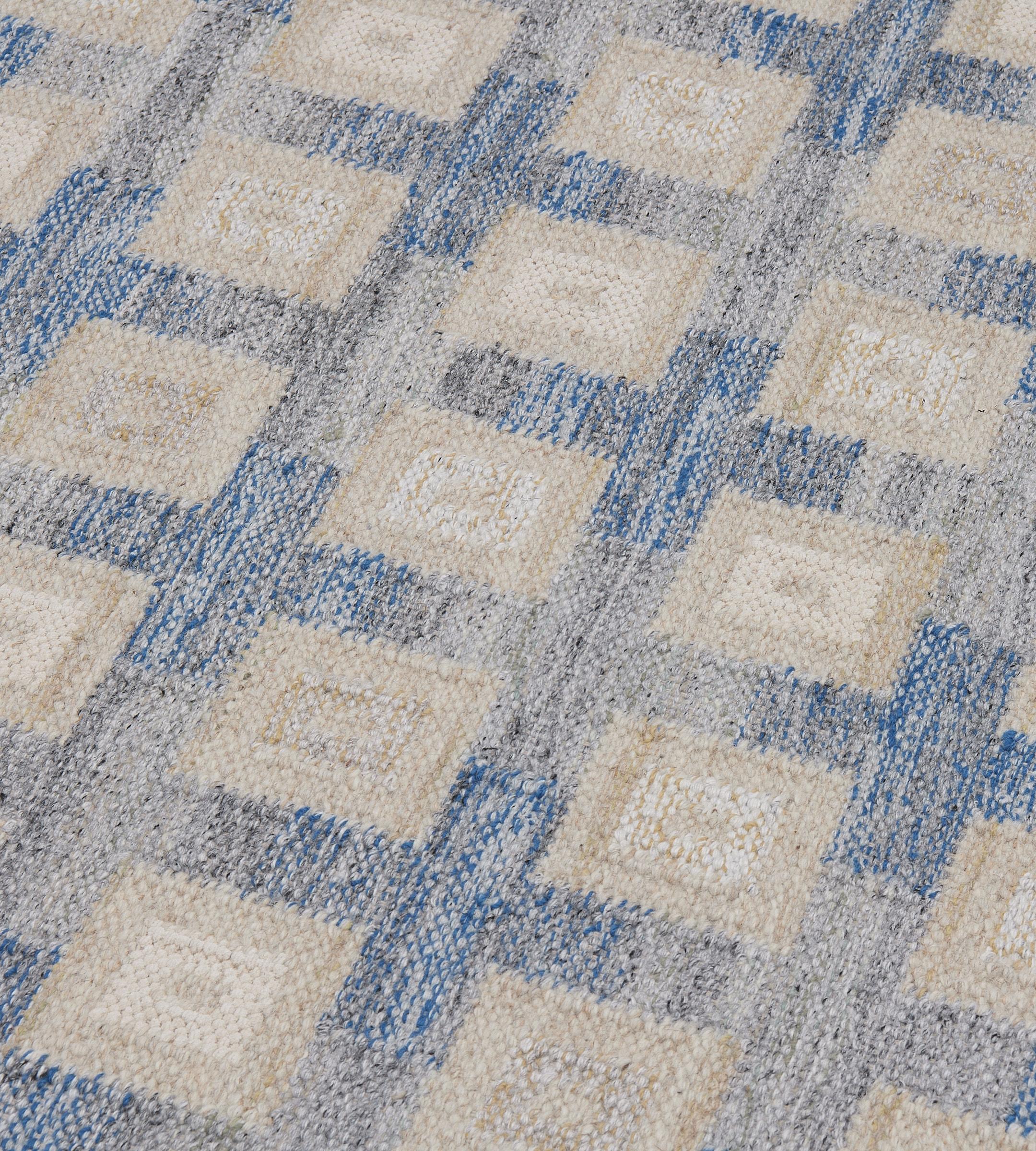 Contemporary Hand-woven 100% Wool Swedish-Inspired Blue Rug In New Condition For Sale In West Hollywood, CA