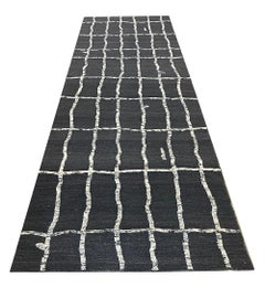 Contemporary Hand Woven Flat weave High & Low Pile Charcoal and Ivory Runner
