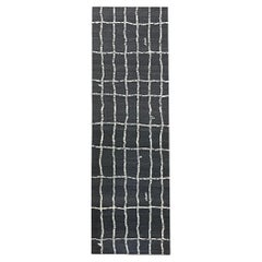 Tapis de course contemporain tissé à la main, à poils hauts et bas, anthracite et ivoire
