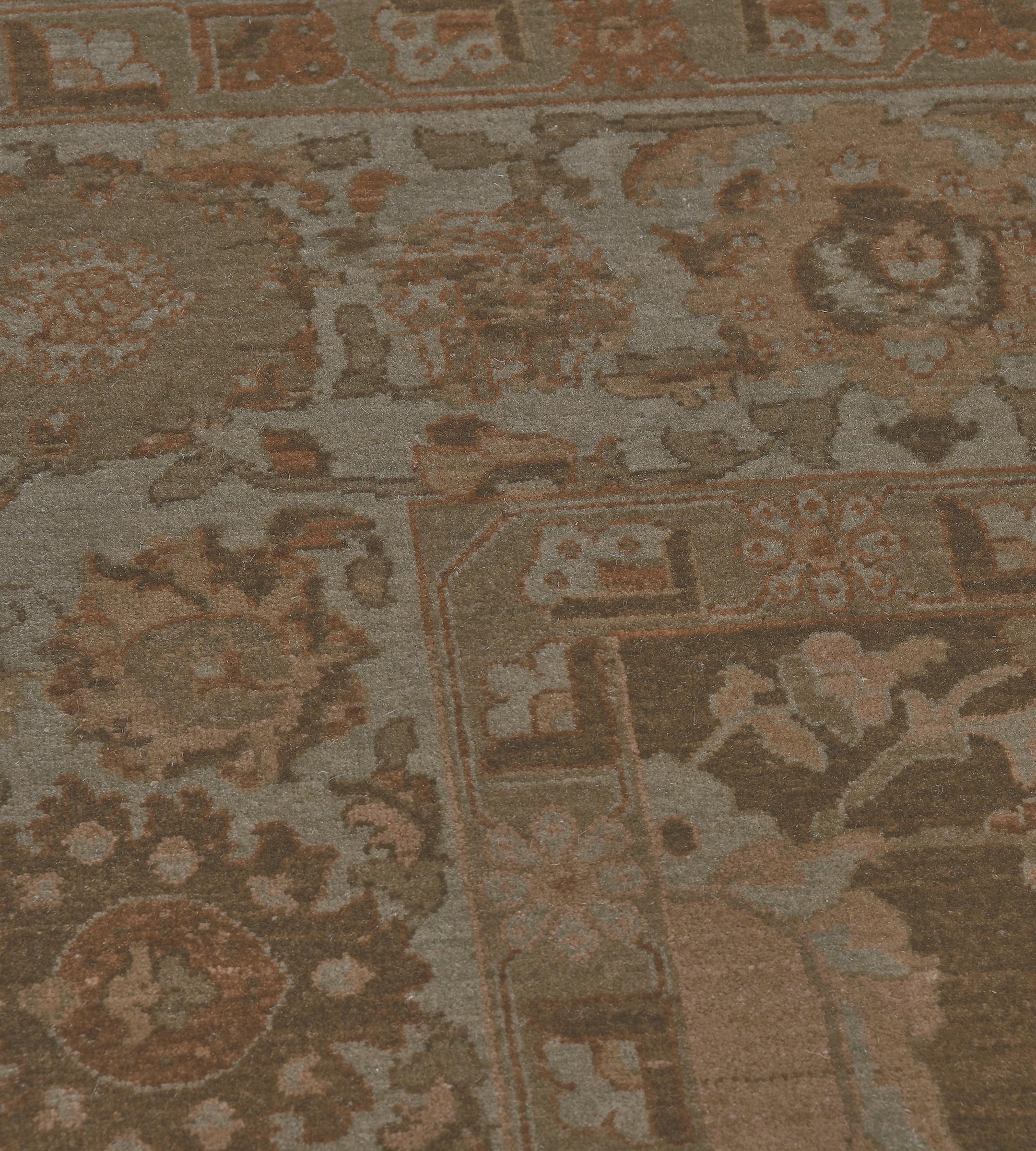 Contemporary Hand-Woven Muted Brown Floral Tabriz Inspired Rug For Sale 1